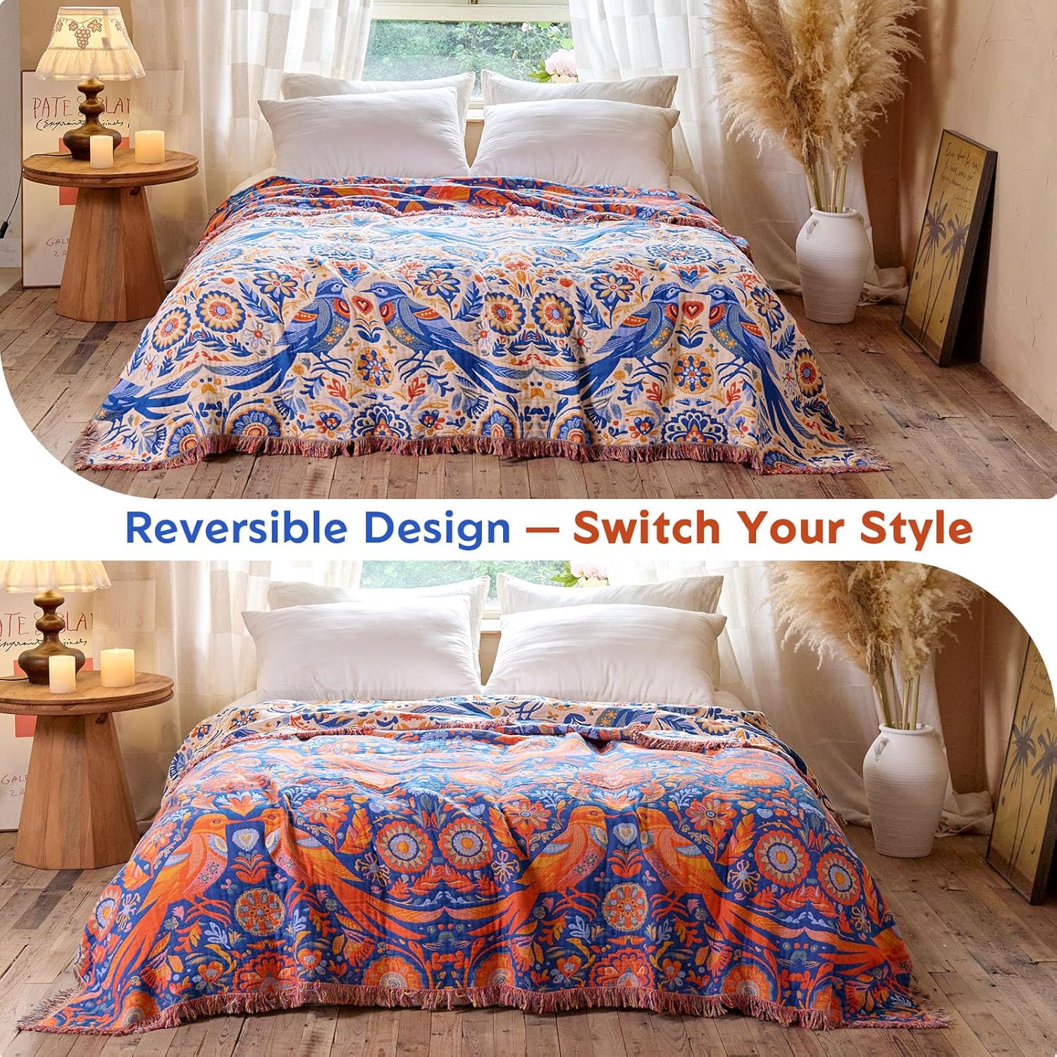 Boho Throw Blanket 50"x60" 100% Cotton Couch Floral Blanket with Flower Bird Pattern, Reversible Soft Breathable Lightweight Spring Decorative Tassel Blankets for Chair Sofa Bed Decor All Season
