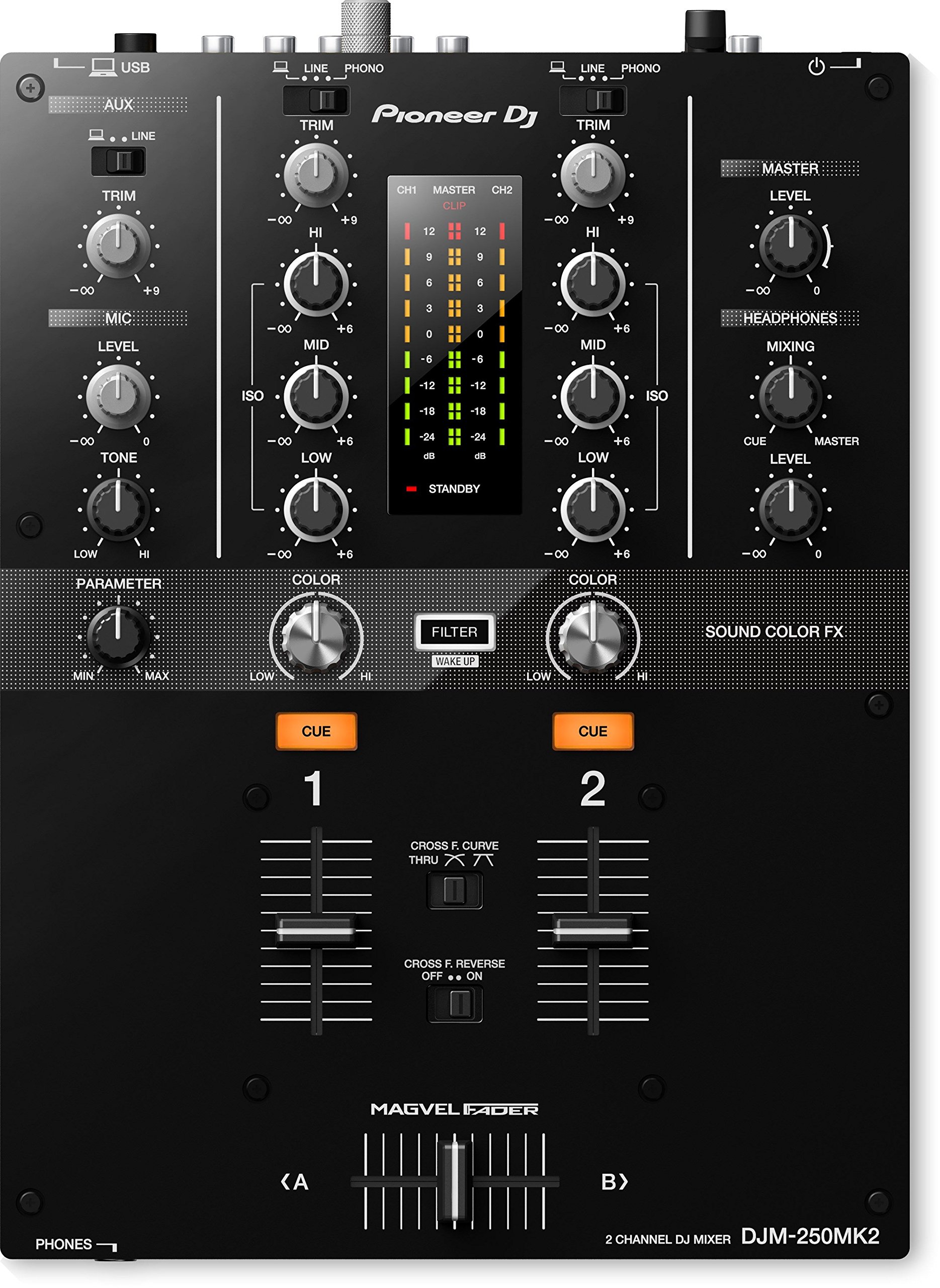 Pioneer DJM-250MK2 2 canales 20-20000Hz Negro mezclador de audio - Mesas de mezcla de audio (2 canales, 48 kHz, 20-20000 Hz, 94 dB, 0,005%, 230 mm)
