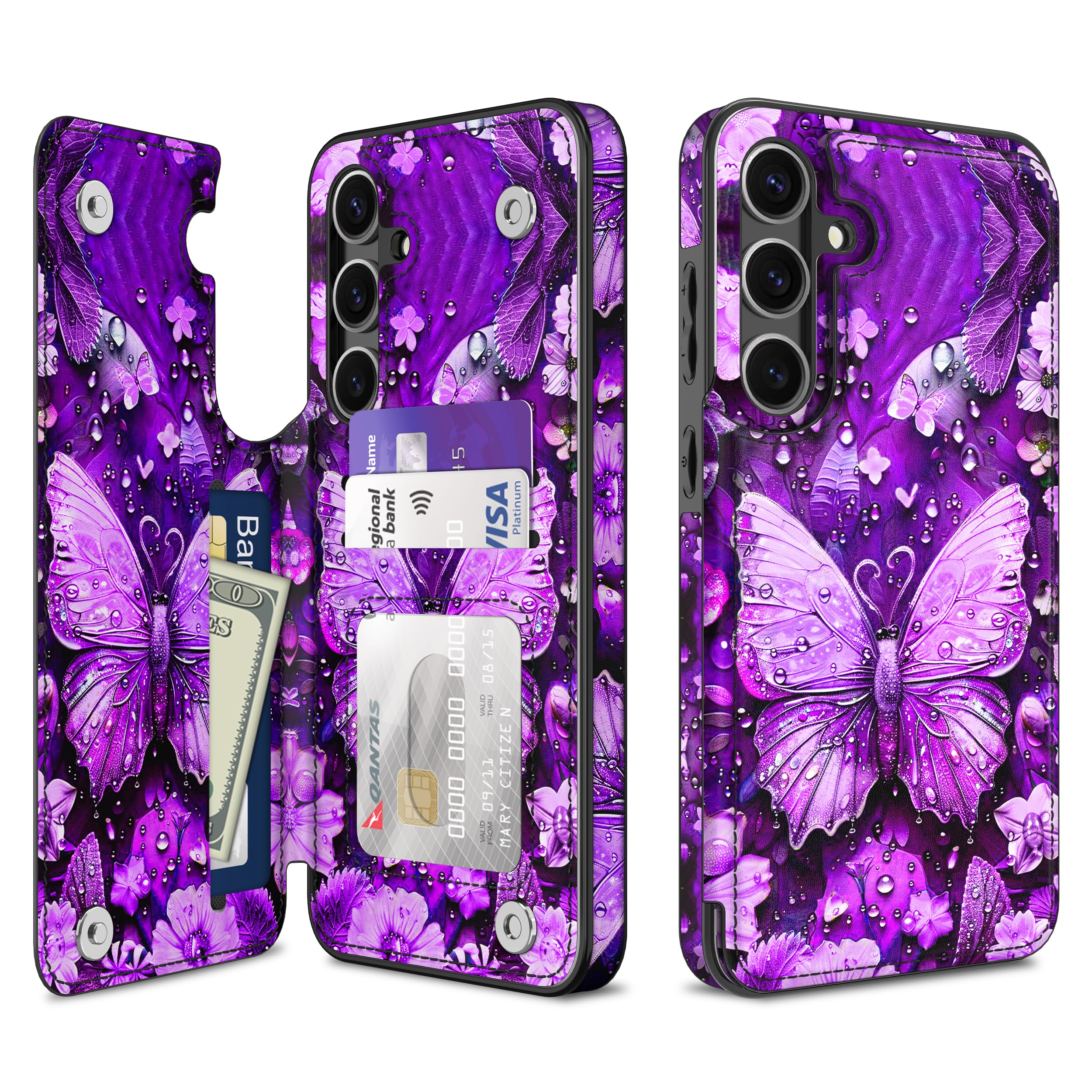 Rancase for Galaxy S24 Wallet Case with Card Holder, Wallet Magnetic Back Flip Case,3 Card Slots & Kickstand Function,PU Leather Magnetic Clasp Case for Women and Girls,All Purple