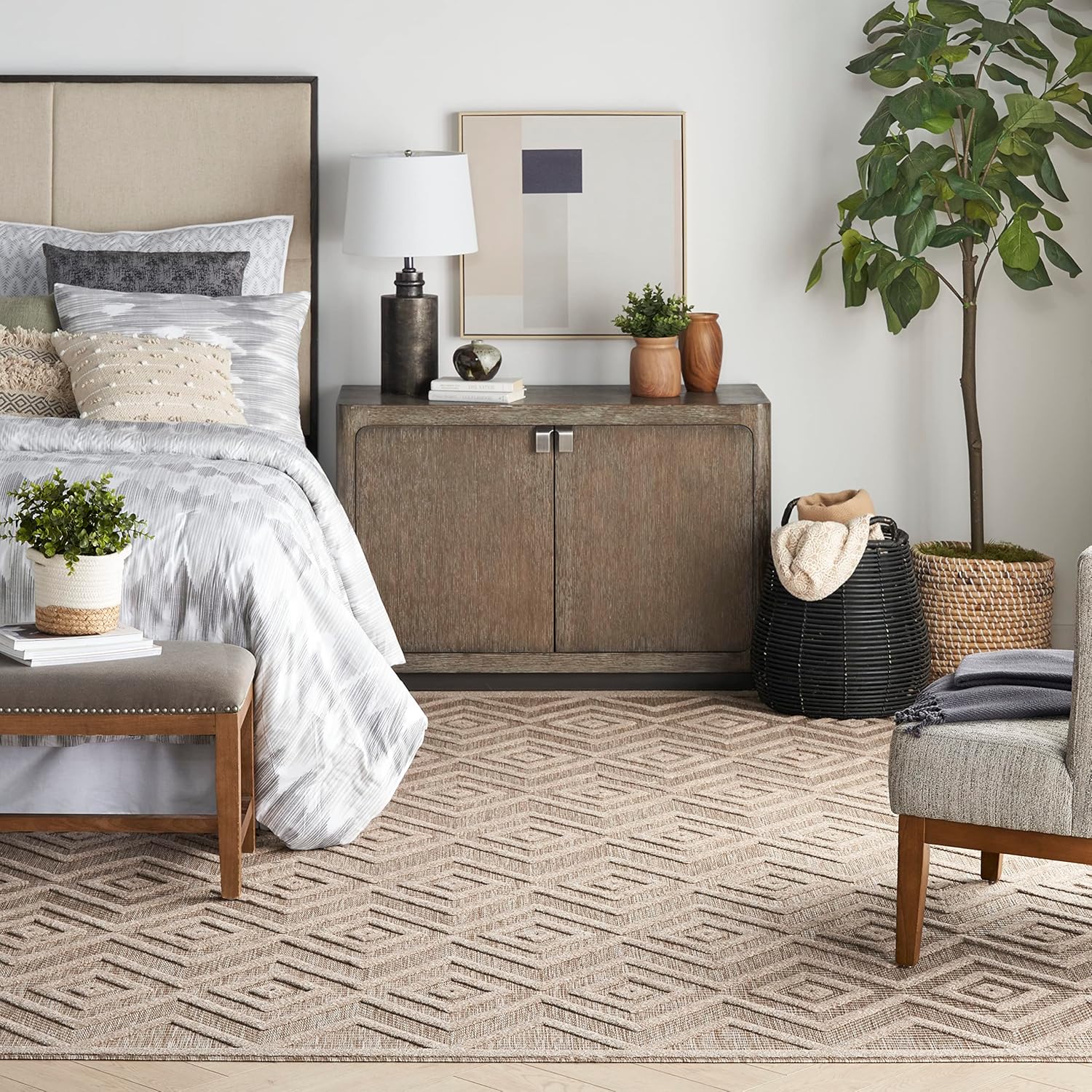 Natural Beige Diamond Flatweave 8' x 10' Indoor Outdoor Rug