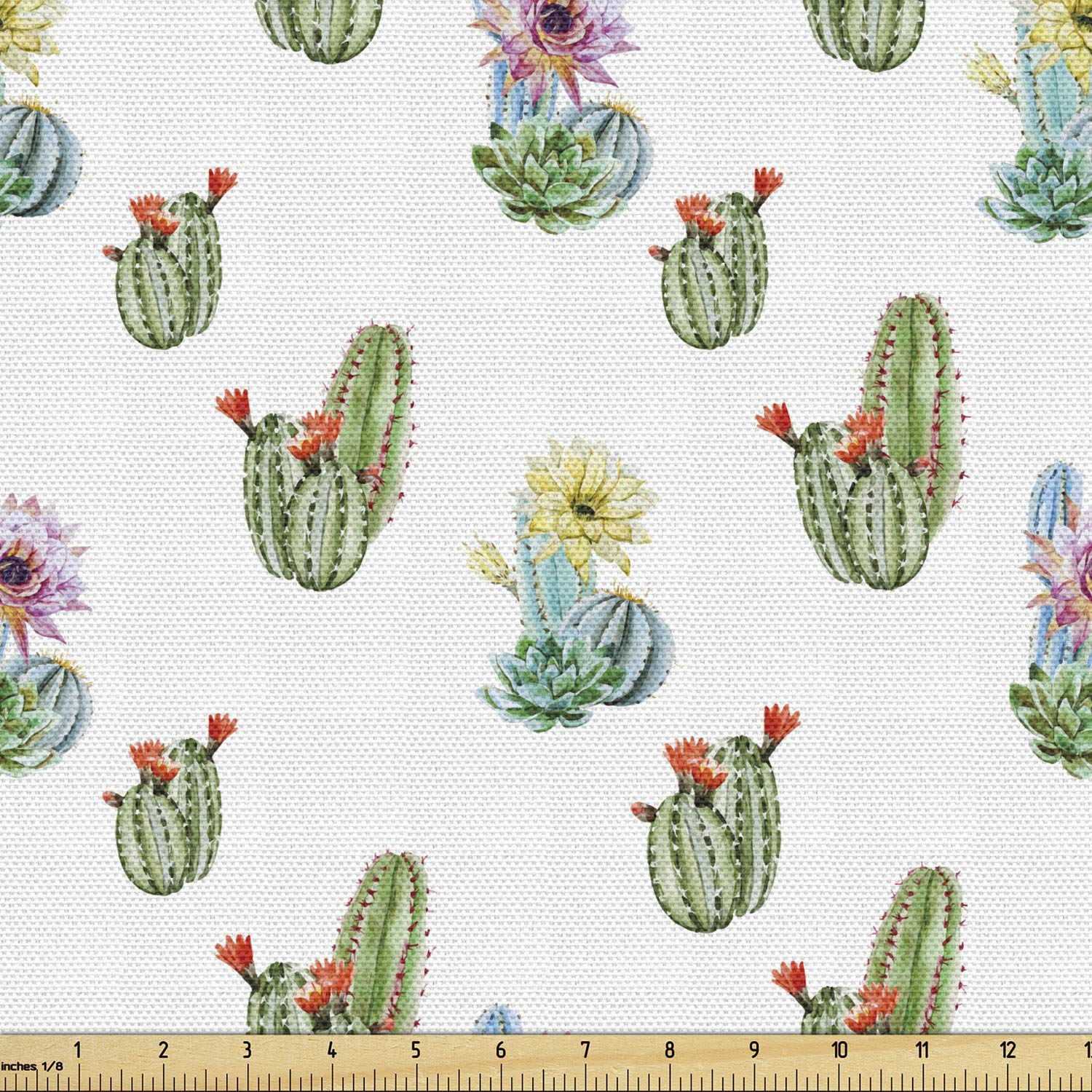 Ambesonne Cactus Fabric by The Yard, Thorny Vintage Hawaiian Nature Flourishing Succulents and Cactus Bouquets Picture, Decorative Fabric for Upholstery and Home Accents, 3 Yards, Pastel Green