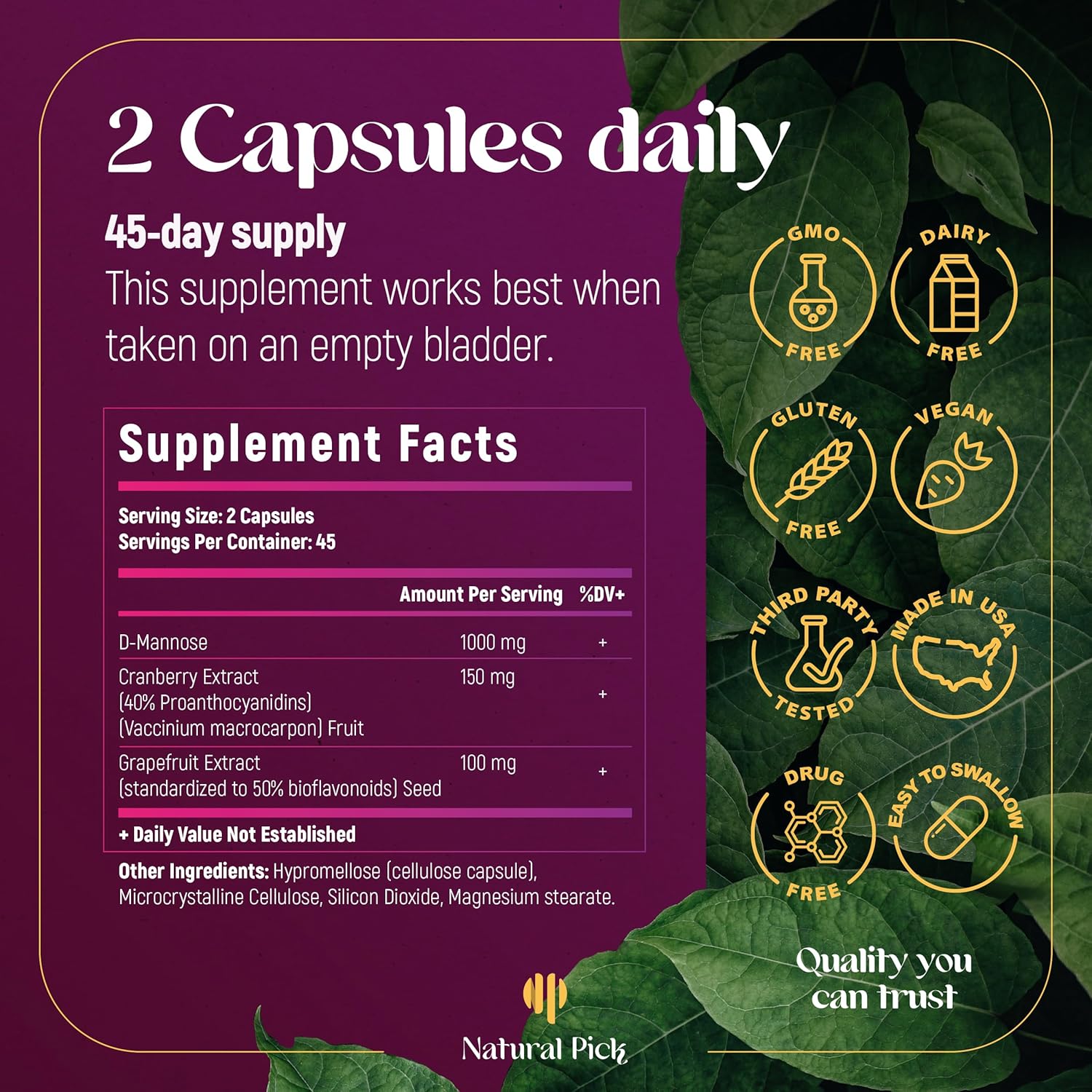 Natural Pick D-Mannose - Cranberry & Grapefruit – Cranberry Pills, UTI Treatment and Fast Relief for Women | Urinary Tract & Bladder Support. 90 Vegan Capsules, D mannose Supplements for Women - Image 2