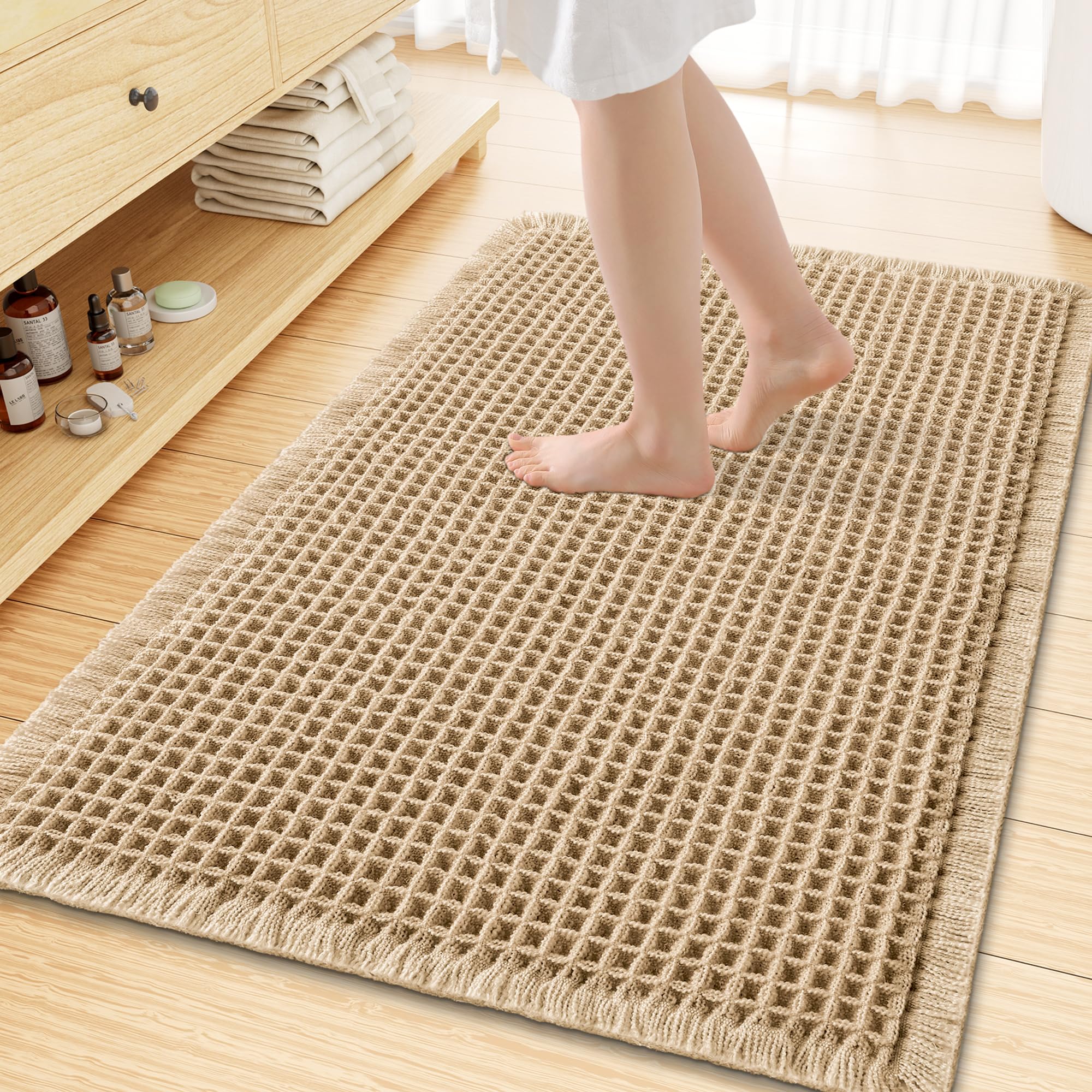 Smiry Waffle Bath Mat 47X32, Extra Soft Absorbent Bathroom Rugs, Brown