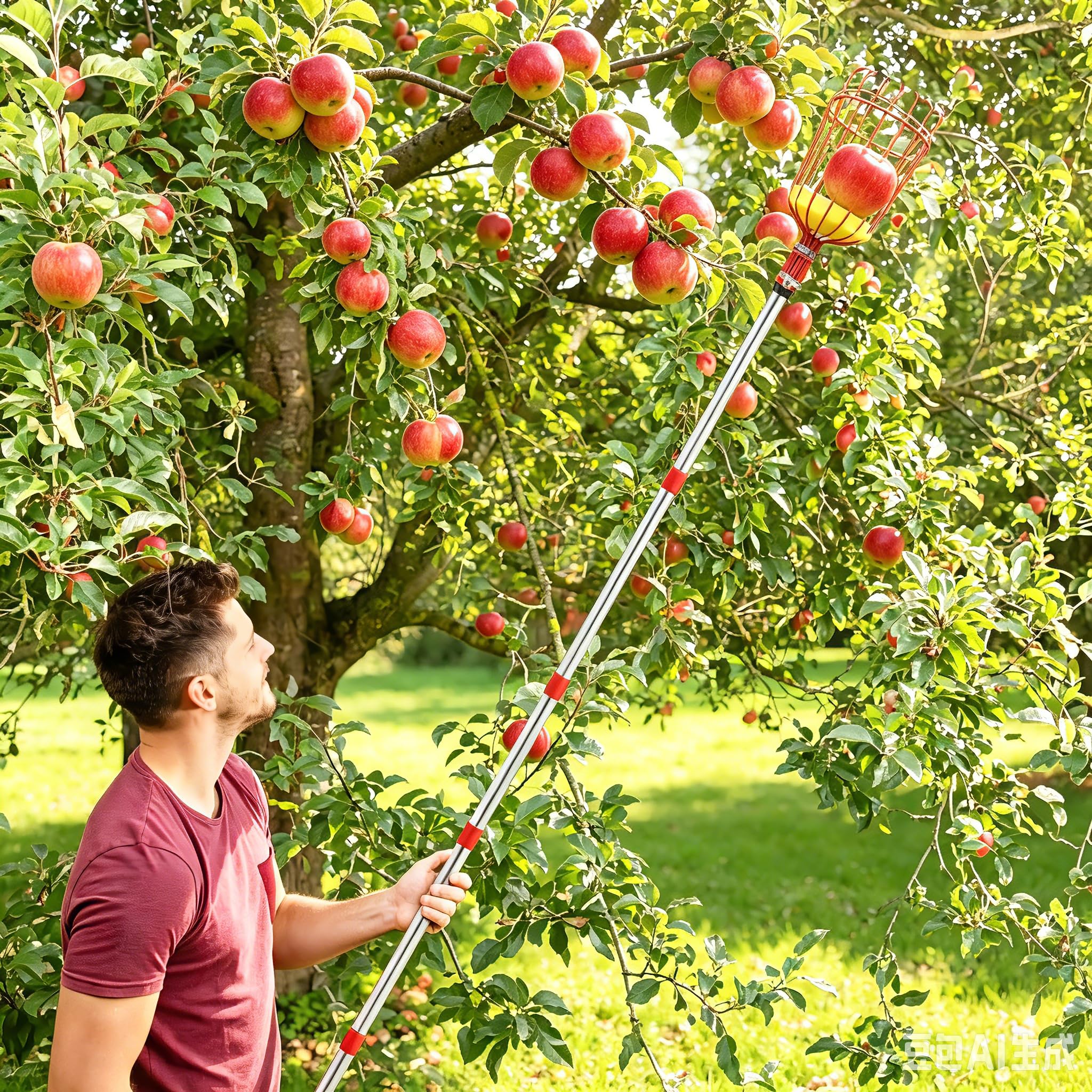seOSTO Recoge Frutas Telescopico 4.2m, Palo Extensible Acero Inoxidable, Cesta de Alambre con Espuma Protectora, Recogedor para Manzanas, Naranjas, Cítricos, Recoger Frutas de Árboles Altos