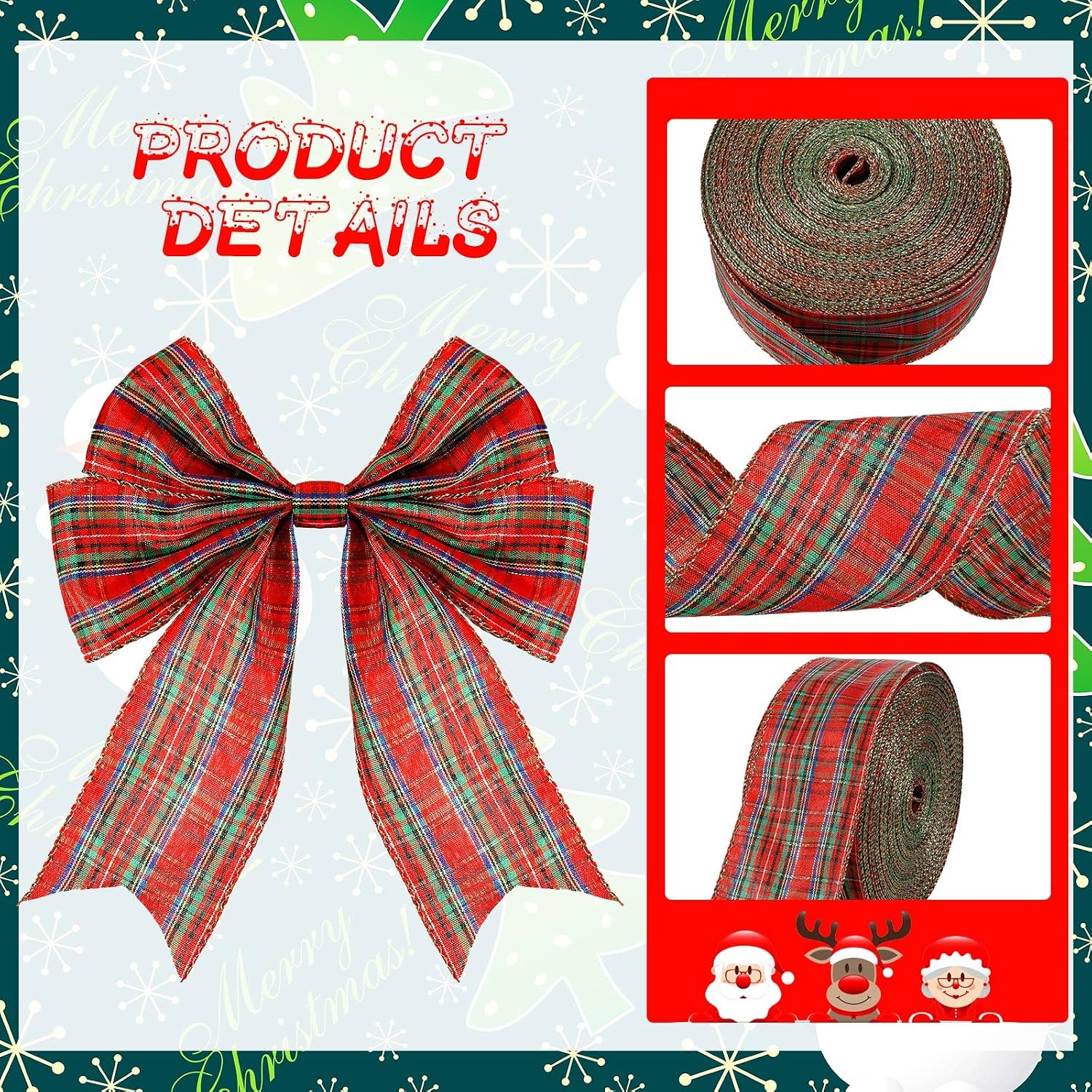 Yinder Plaid Christmas Wired Ribbon 2.5 Inch 50 Yard Traditional Red Tartan Plaid Christmas Holiday Ribbon Green Red Gold Garland Home Decor Gift Wrapping DIY Craft