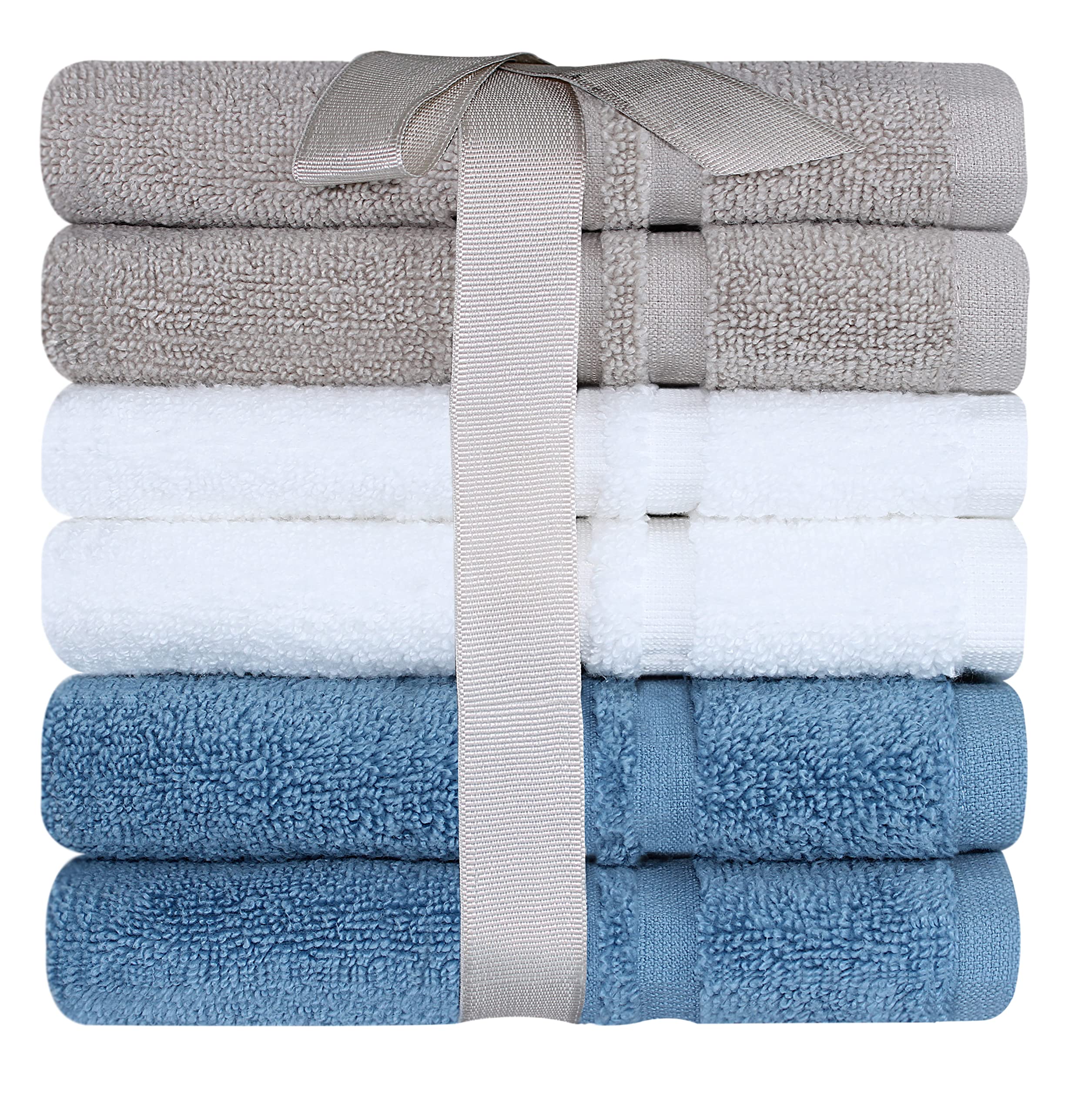 QCS Towels - Face Cloths - 33 x 33 cm - 100% Zero Twist Cotton - Lightweight and Highly Absorbent Quick Drying Washcloths for Gym, Hotel, and Spa - Flannel (Brown, White, Blue, 6)