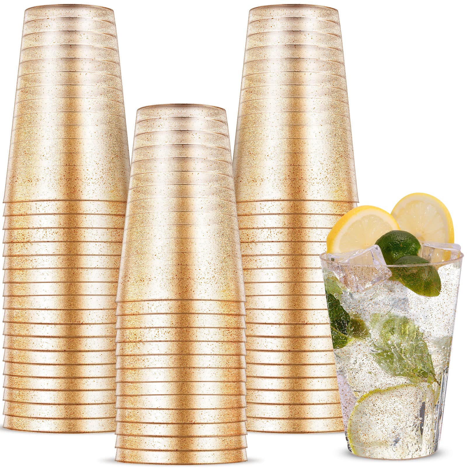 Incisite 14oz Gold Plastic Party Cups - Clear Hard Plastic Tumblers for Wedding Birthdays, Anniversaries and Social Events - 50 Pack
