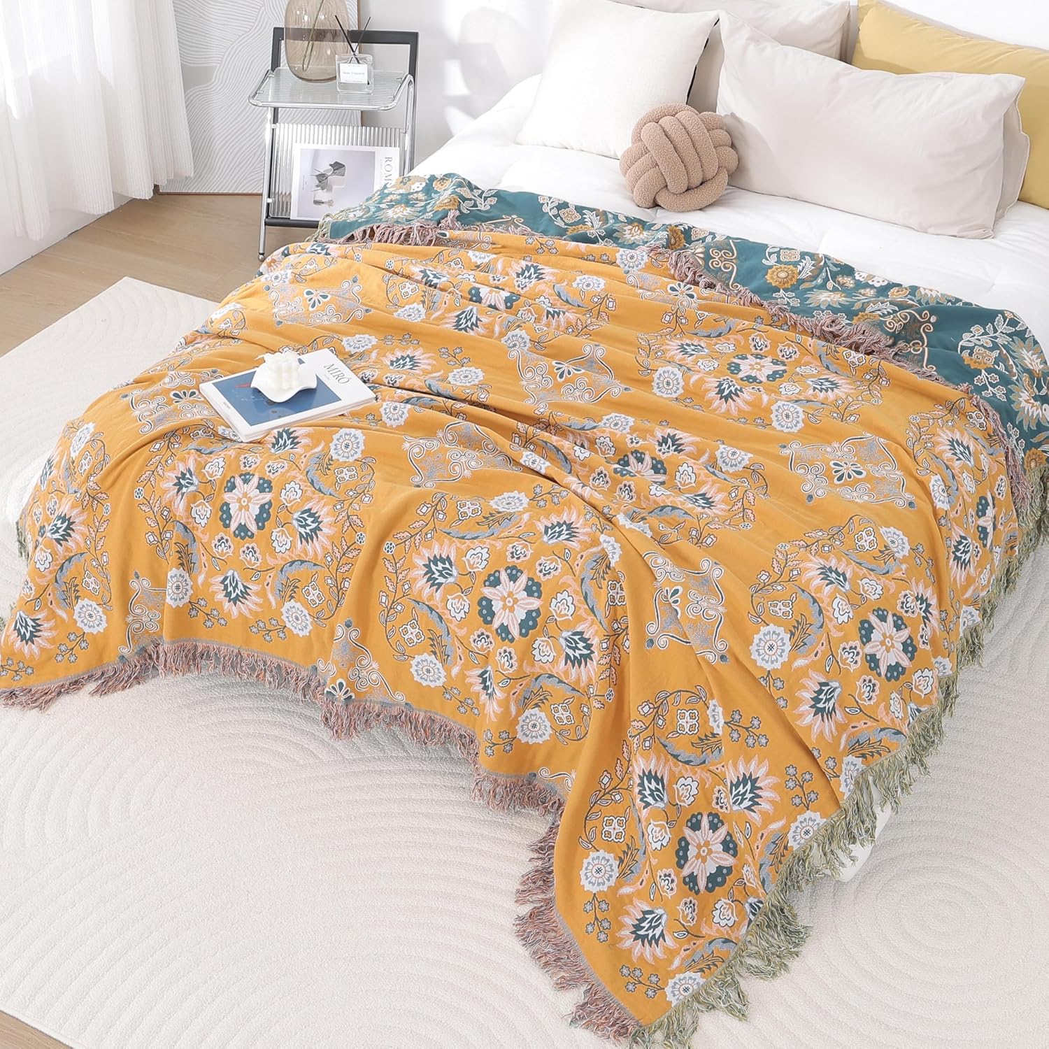 Lahome Boho Throw Blanket for Bed, Cotton Muslin Soft Cozy Rustic Blankets for Couch, Reversible Throws for Sofa Chair, Orange Blue 60''x80''