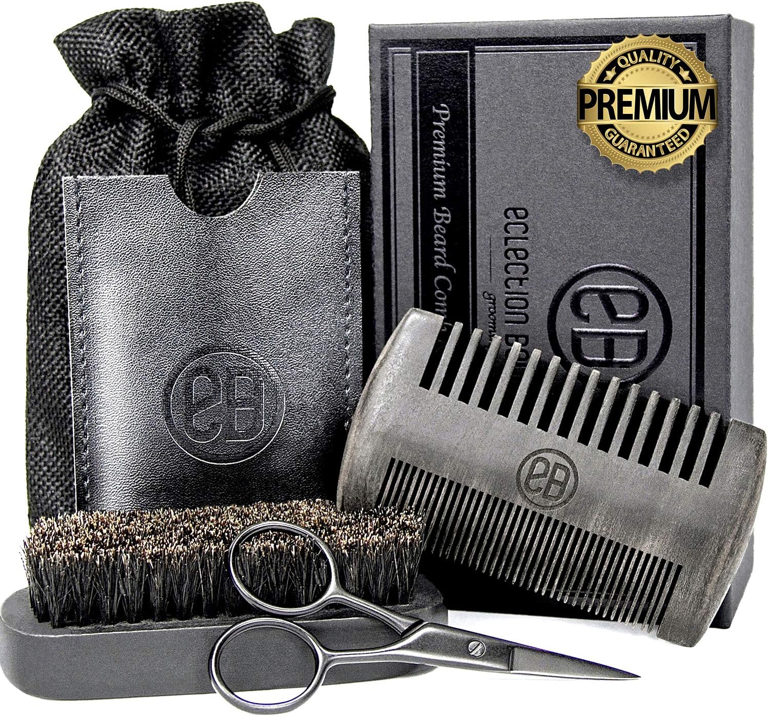 Beard Brush & Beard Comb Kit, Natural Boar Bristle Brush, Authentic Sandalwood Dual Action Comb & Durable Case, Mustache Trimming Scissors, Linen Pouch Bag, Gift Box Set for Men's Daily Grooming Care