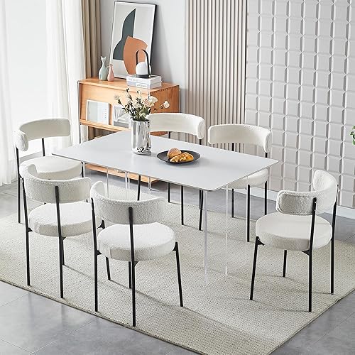 Miniatura 8 de Honyee Sillas de comedor blancas, juego de 2 sillas de comedor modernas, sillas de comedor redondas de forro polar de peluche, sillas de comedor