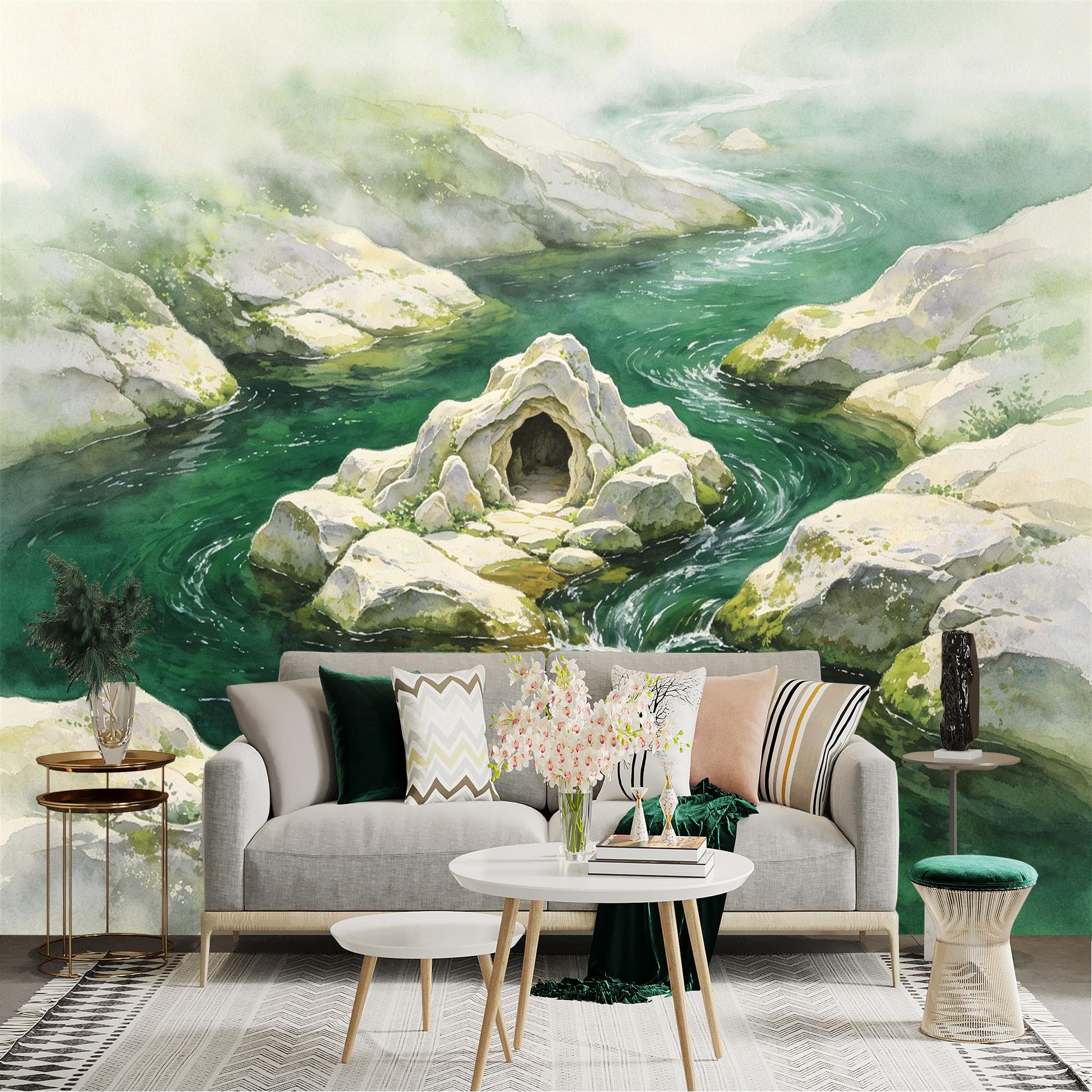 Lnzczhyre Dbh260521331 Custom Size Wall Sticker Mural， Scenic River With Rocky Island And Hidden Grotto， Watercolor Landscape， For Wall Decoration， Peelandstick Wall Decals.