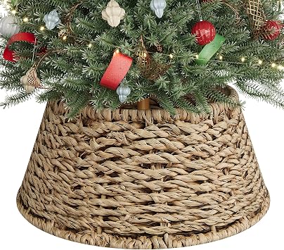 ELYKEN 8 Inch Mini Christmas Tree Collar with Insert Tube, Seagrass Woven Xmas Tree Skirt for Tabletop Christmas Tree, Rustic Farmhouse Wicker Tree Base Cover for Holiday Tabletop Decor