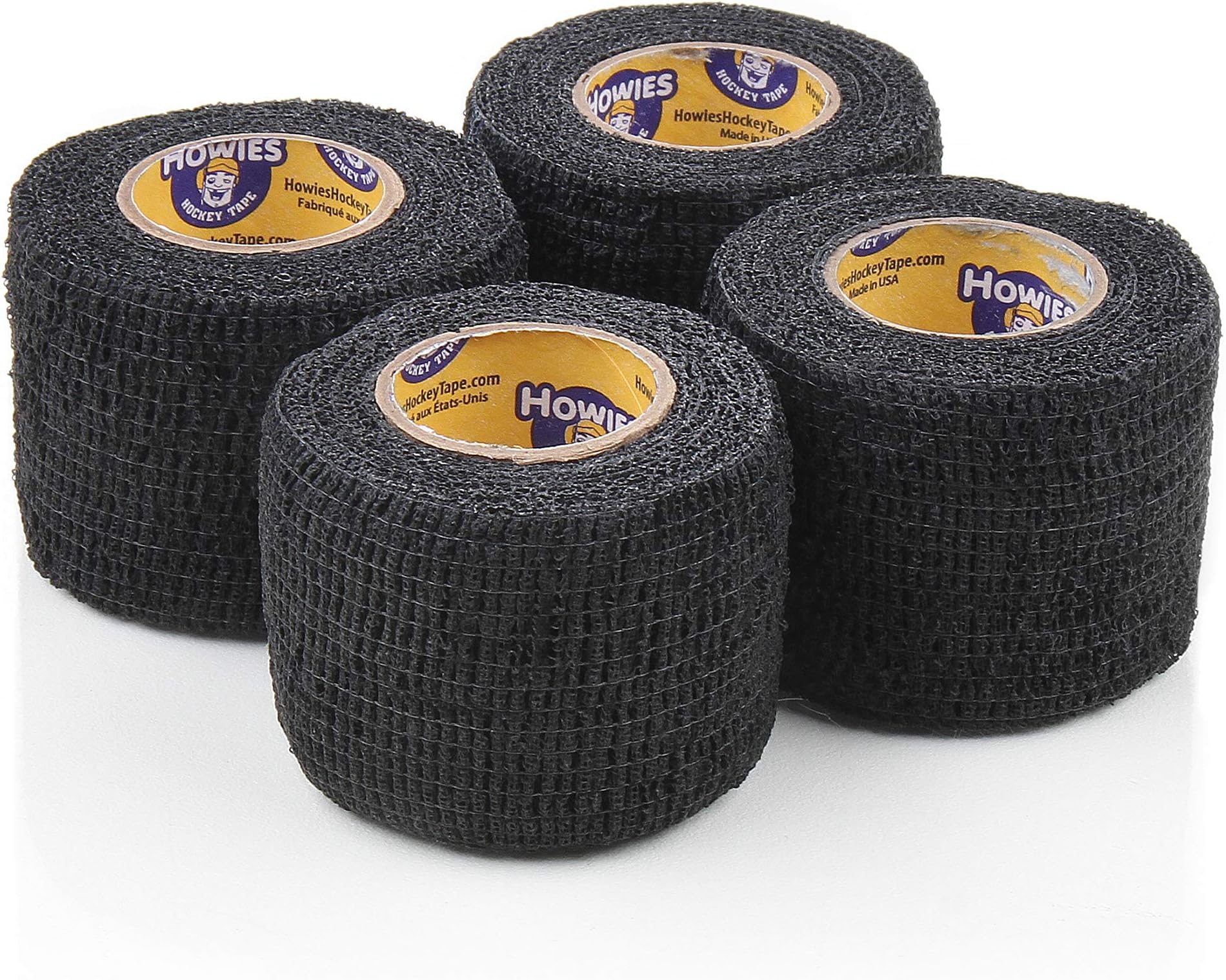 Howies Pro Grip or Stretch Hockey Tape – 4 Pack – Premium Long-Lasting Stick Tape for Hockey, Lacrosse, and Sports – Strong Hold, Professional Feel, Easy Tear (Stretch Grip, Black)
