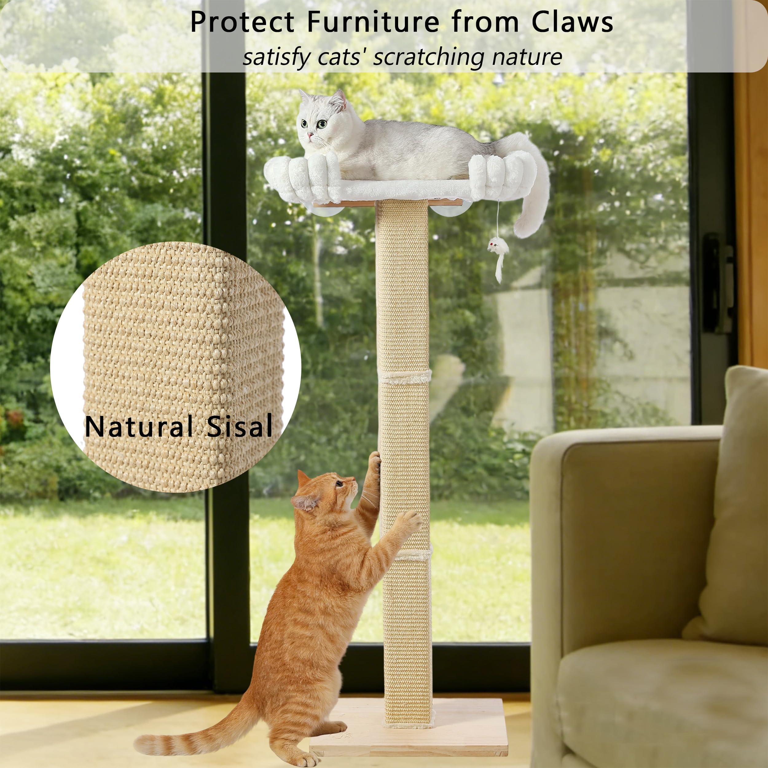 SnugCloud - Poste rascador para gatos con percha grande para ventana, cama ultra suave con refuerzo, árbol rascador de sisal ajustable de 47 pulgadas de alto para gatos grandes Maine Coon, escalar