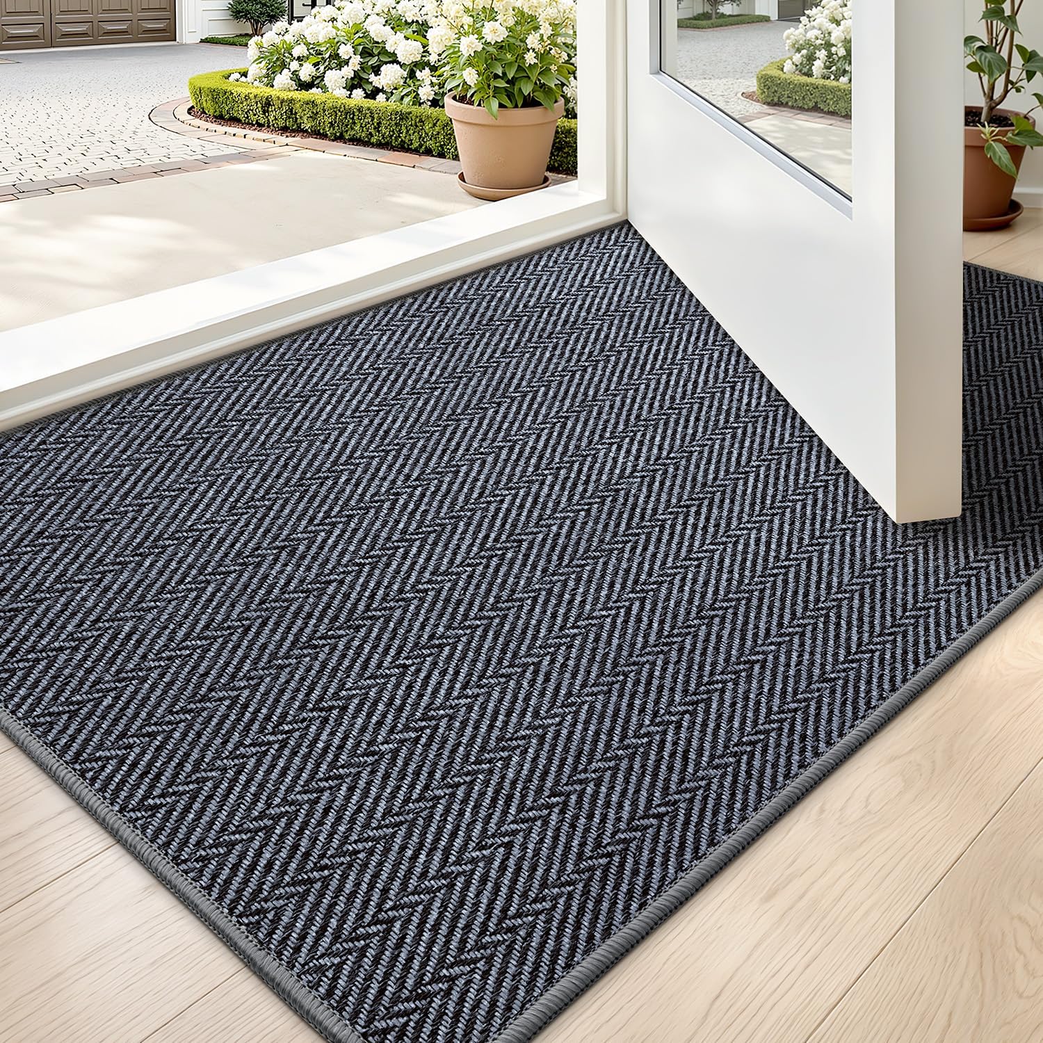 LUMI Ultra Thin Indoor Door Mat for Entrance 24"x36", Non Slip Entryway Mat, Low Profile Doormat, Unique Herringbone Design Carpet for Inside, Patio, Porch, Medium Gray — image 1
