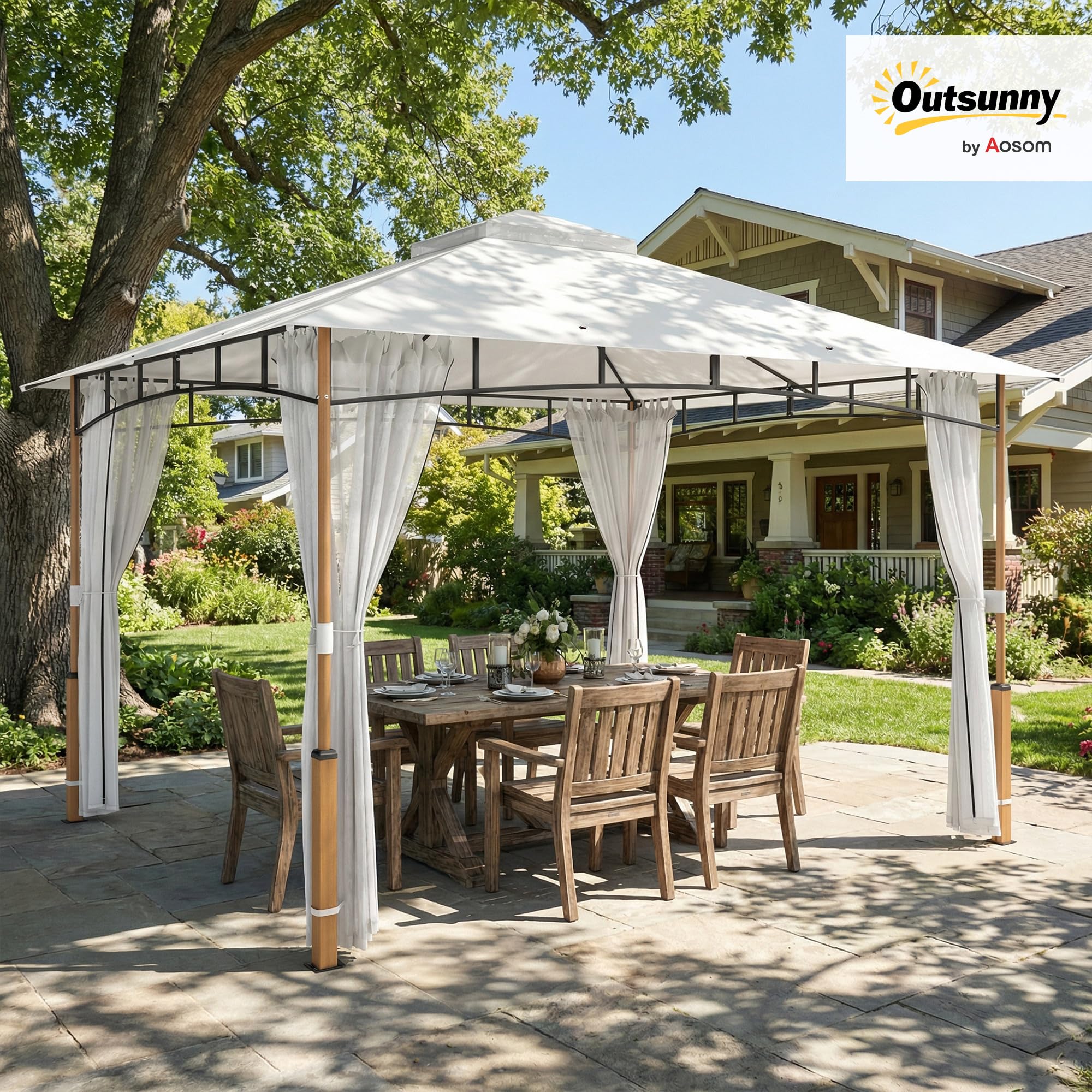 Outsunny Cenador para Jardín 3x3,6 m, Pabellón de Jardín Gazebo con Doble Techo, Paredes de Malla, UPF50+, Estructura de Metal, Carpa para Exterior, Terraza, Patio, Crema y Teca