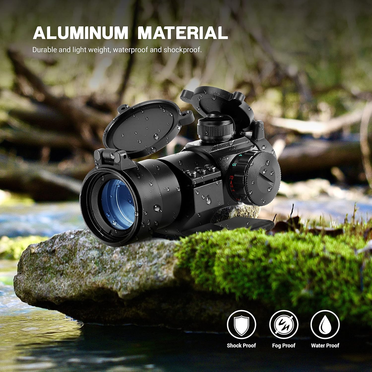 ESSLNB Red Dot Sight in a natural outdoor setting, with icons for shockproof, fogproof, and waterproof features.