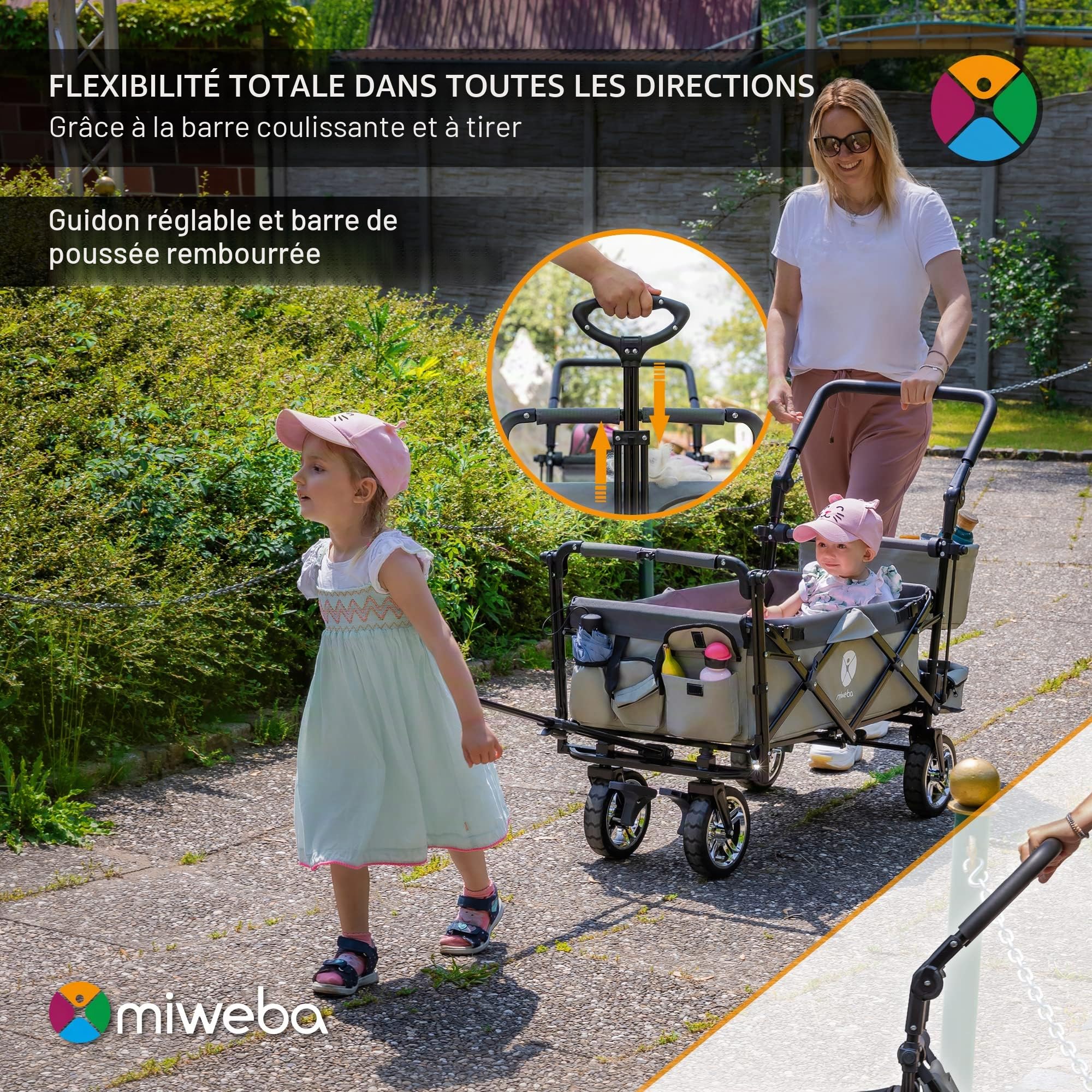 Miweba Chariot pour Enfants MB-20 - Chariot Pliable - Système de Harnais à 2X 3 Points - Frein de Stationnement - Roues en Caoutchouc Dur - Pare-Soleil avec Protection UV (LSF25)