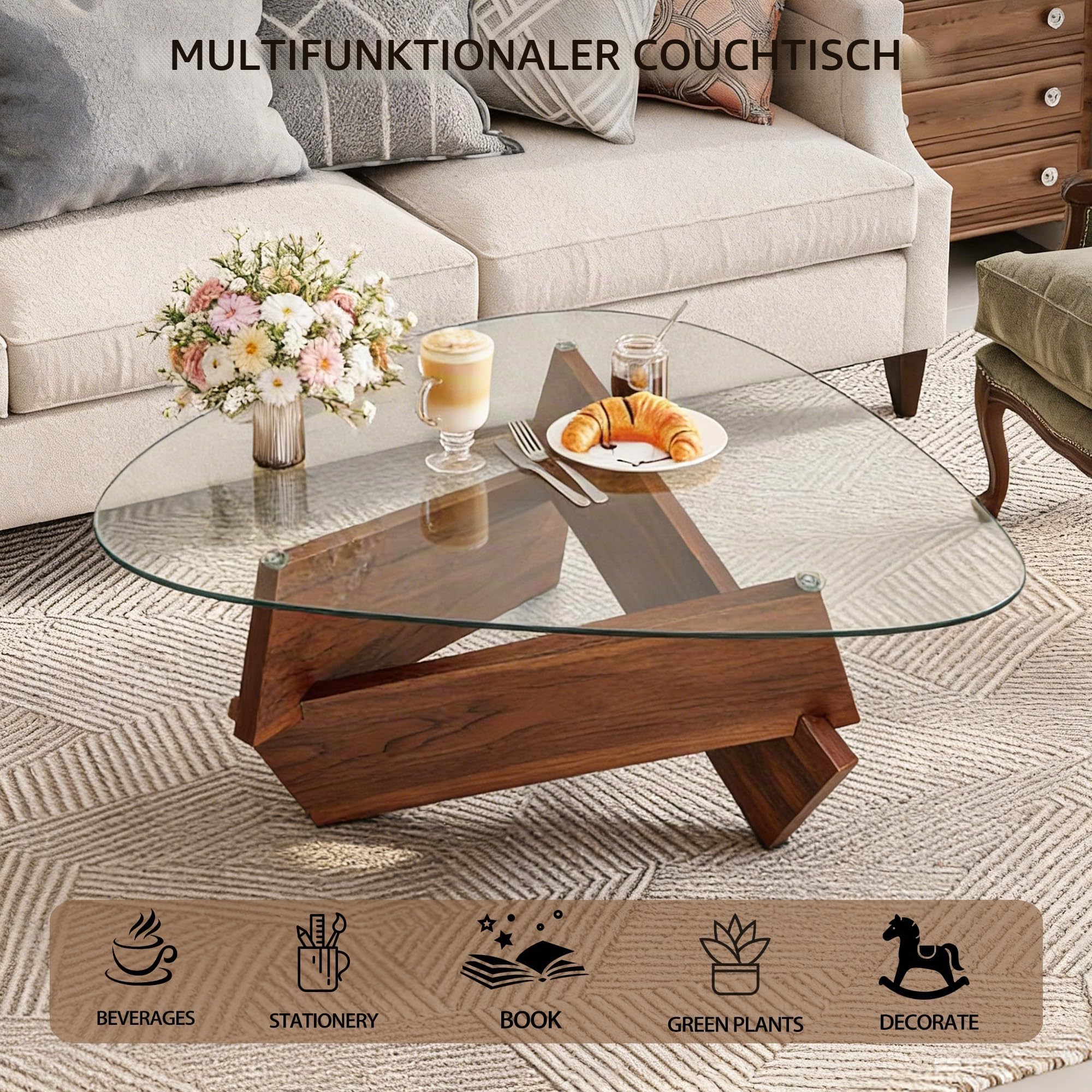 Couchtisch Modern, 90cm Kleiner Wohnzimmertisch mit Holz Beine & Dreieck Transparent Hartglas, Landhausstil Beistelltisch für Wohnzimmer, Apartment & kleine Räume, Deko