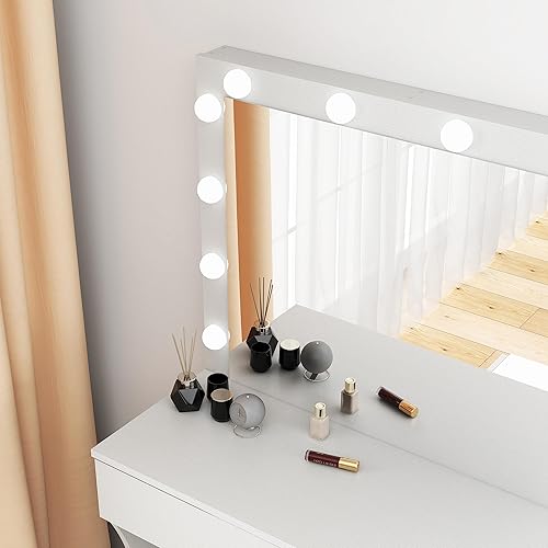 Miniatura 5 de Escritorio de tocador con espejo y luces ajustables, mesa de maquillaje con un cajón de almacenamiento con taburete, juego de tocador para