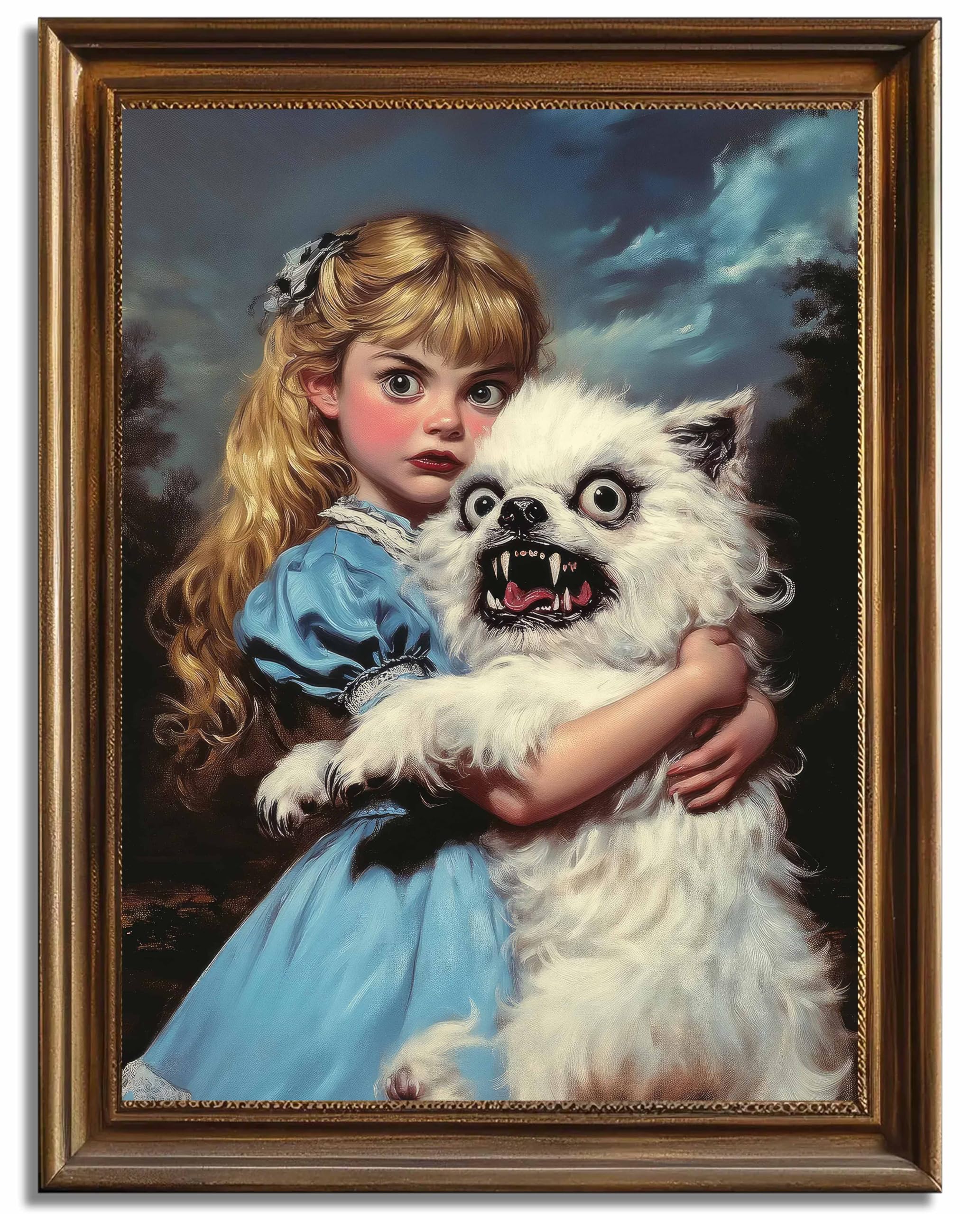 Halloween Surreal Spooky Horror Wall art Whimsical Horror Girl Holding Ugly Dog ​​Painting Victorian Gothic Picture Wall Decor Poster Print Artwork