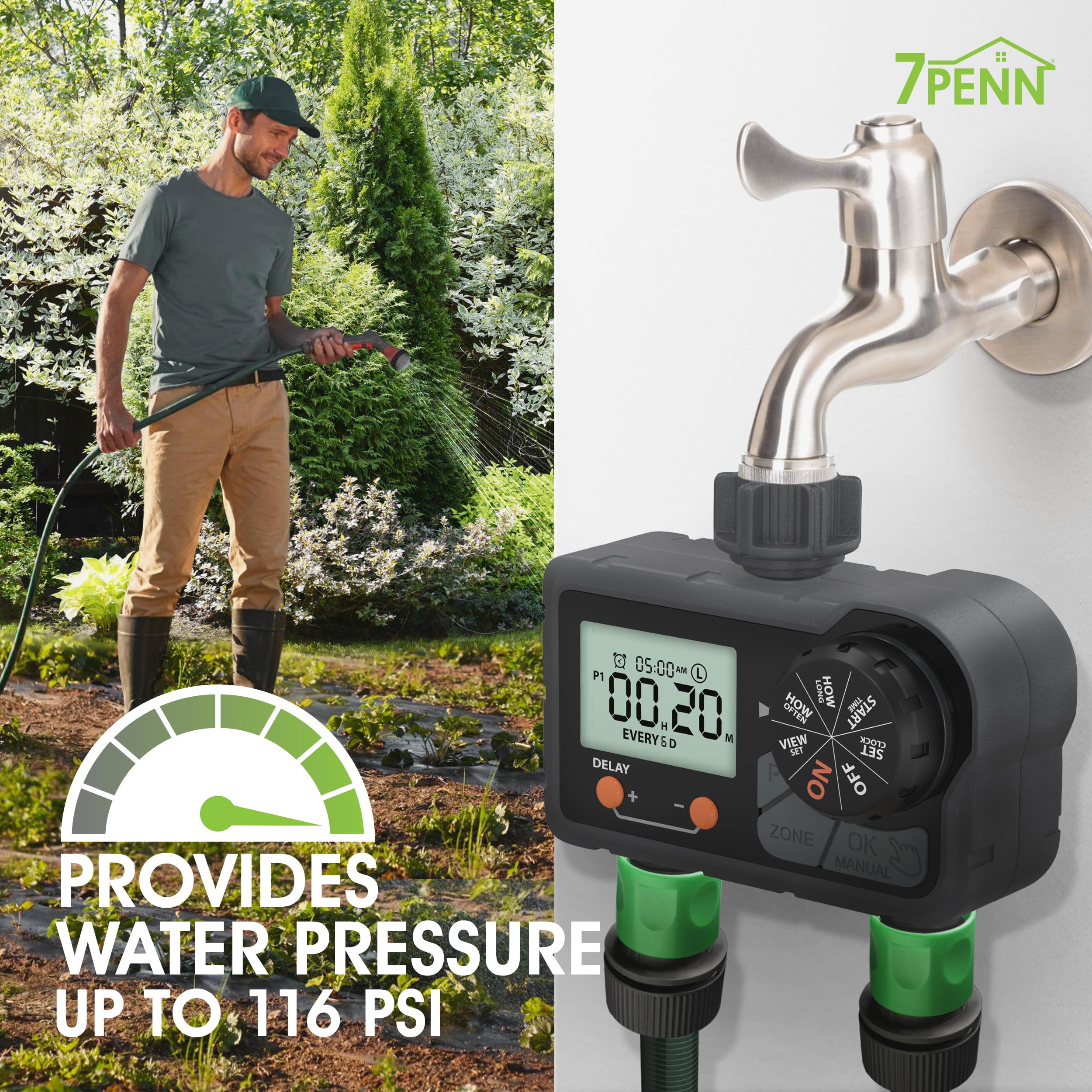 7Penn Timer dell'acqua a 2 zone, sistema di irrigazione programmabile per esterni, nero