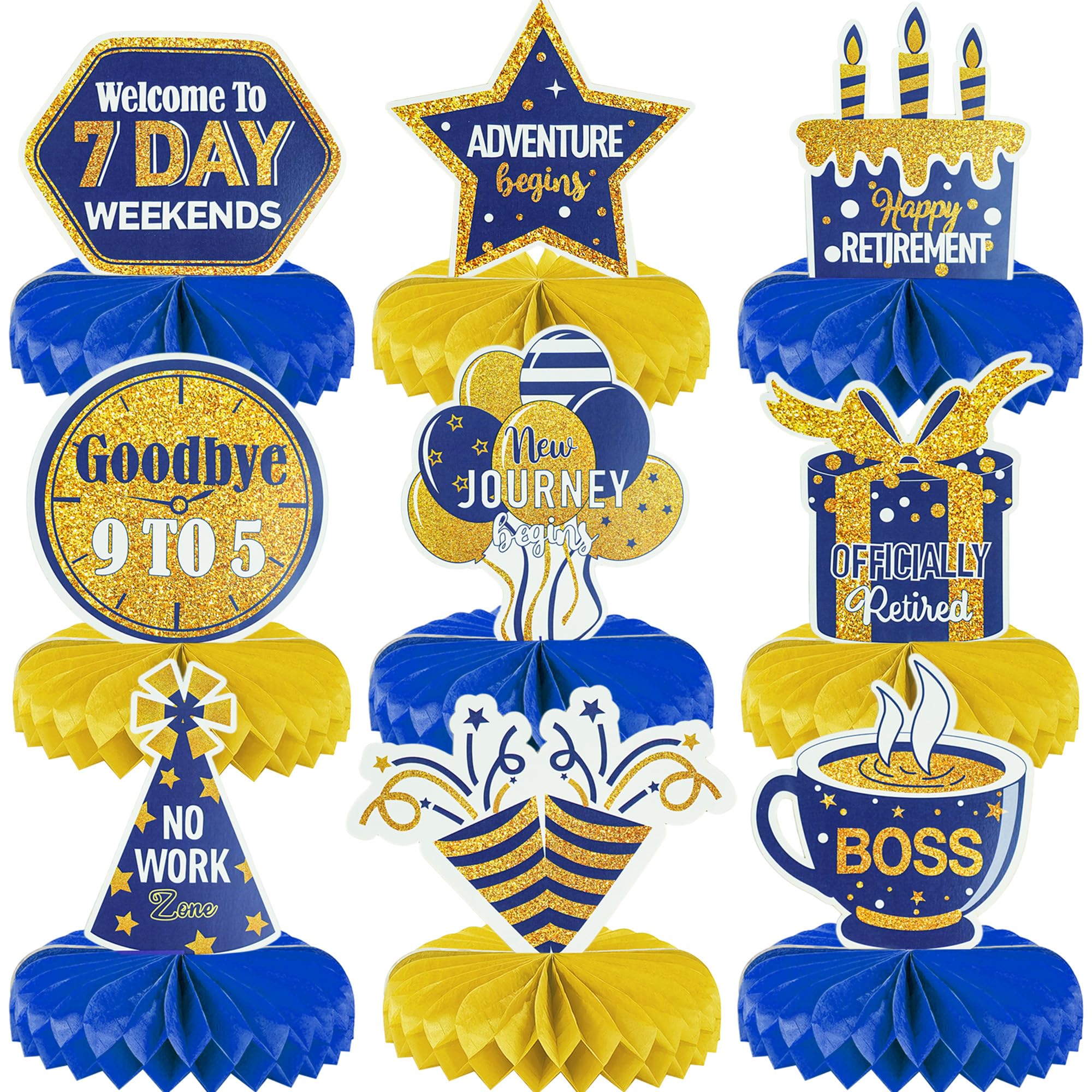 Retirement Table Decorations Blue and Gold - 9 Pieces Happy Retirement Honeycomb Centerpieces for Women and Men, Retired New Beginnings Party Supplies for Office Farewell Party