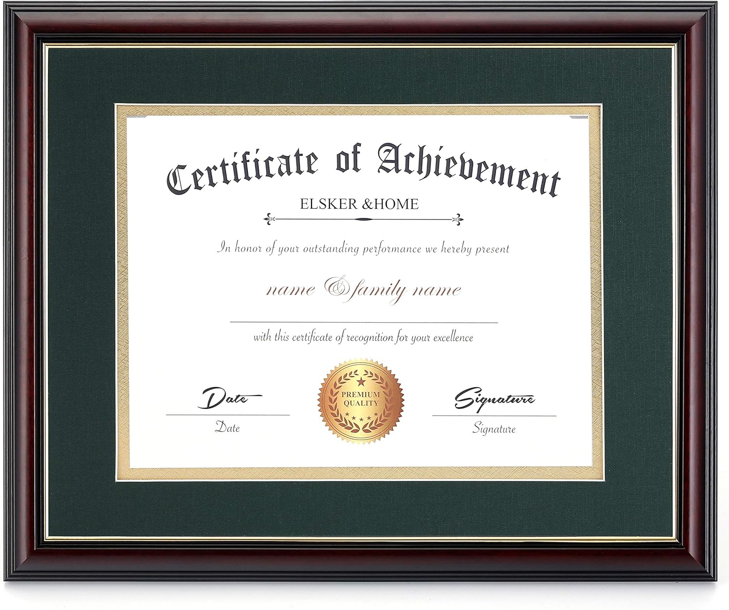ELSKER&HOME 8.5x11 Diploma Frame with Green Mat - Solid Wood Color Frame - Made for Certificates Sized 8.5x11 Inch with Mat and 11x14 Inch Without Mat (Double Mat, Green with Golden Rim)