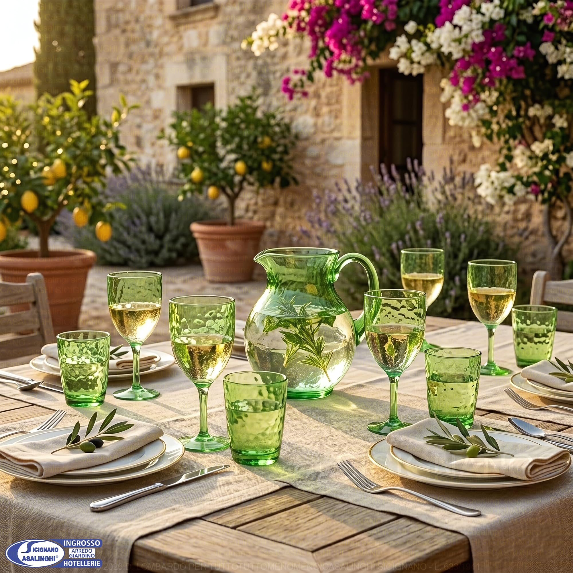 Sicignano Servizio per 6 Persone Caraffa e Calici 430ml in Acrilico Martellato, Set Colore Verde, Vetro Infrangibile