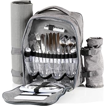 CampFeuer Picnic Backpack for 4 People Grey Picnic Set 32 Pieces Includes Bottle Holder and Fleece Blanket Large Cooling Compartment Crockery and Cutlery Hiking Backpack Camping Backpack