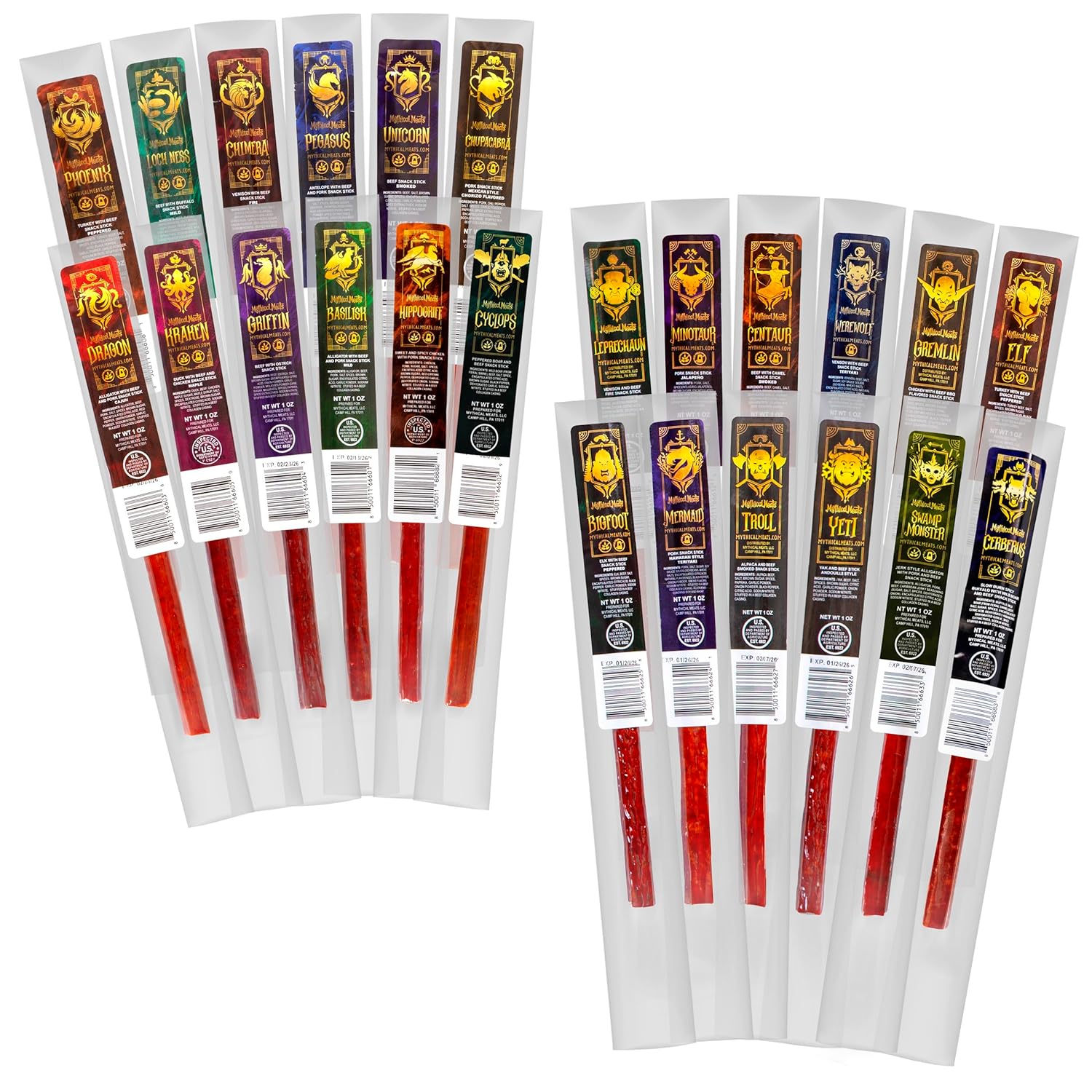 Mythical Meats Exotic Sampler Pack – 24 Mysterious Game and Beef Snack Sticks – Dried & Dehydrated Meats Seasoned to Perfection – High Protein Snacks Keto Friendly