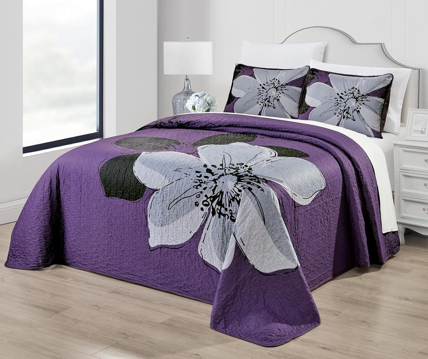 Grand Linen 3-Piece King Size Hibiscus Oversized Quilt Set 115" X 95" All Seasons Large Bedspread, Pillow Shams Lightweight Soft Coverlet Ivory Brown Gold Colors Bed Cover Floral Pattern