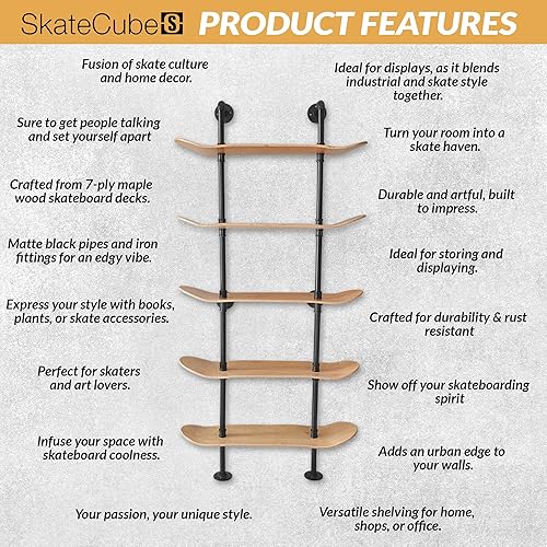 Miniatura 4 de Estantes industriales  Estantería de tubería de decoración industrial de 5 niveles con cubiertas de patineta de 7 capas  Acabado de madera natural