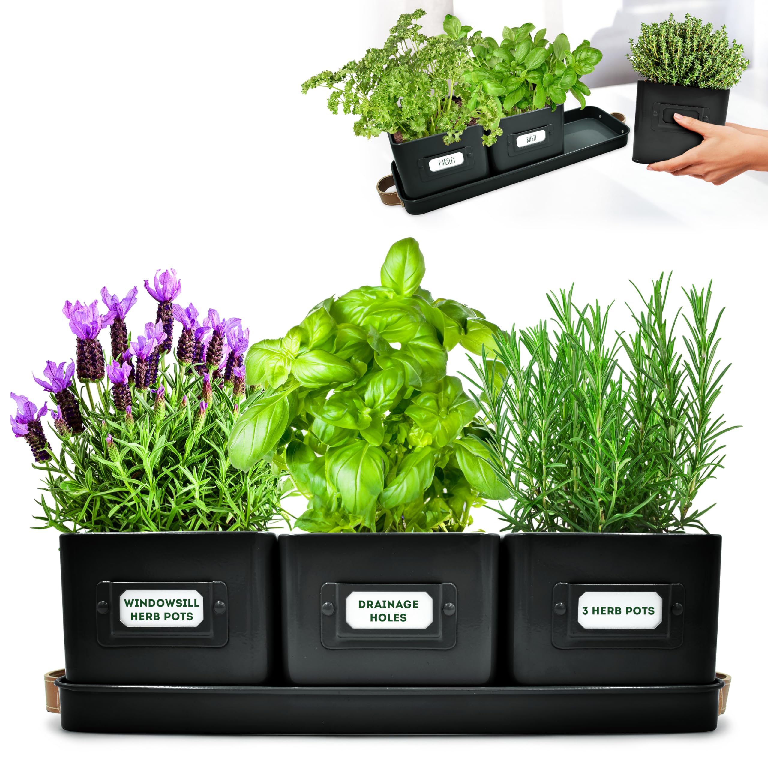 Herb Planter Indoor - Set of 3 Black Indoor Herb Garden Pots for Plants with Leather Handled Tray - Window Sill Plant Shelf - Pots with Drainage Holes and Labels