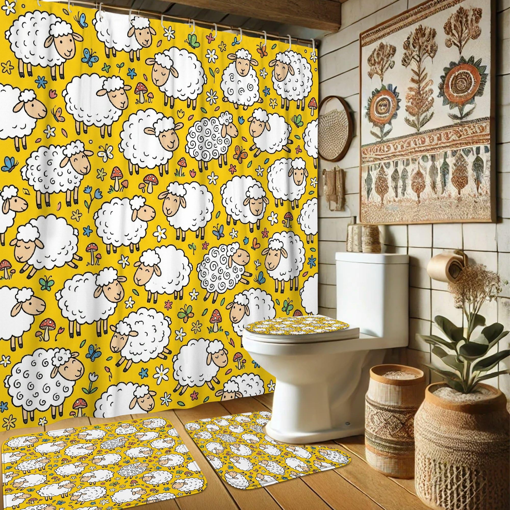 Rideau de douche jaune en polyester 183x183 cm à motif mouton et champignon
