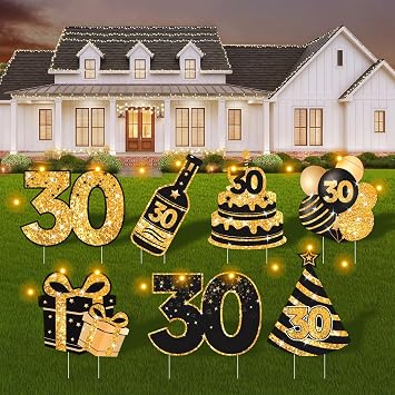 30th Birthday Decorations for Him & Her - 7 Pcs Birthday Yard Signs with Stakes, LED Lights & Double-Sided Tape | Happy 30th Decor | Outdoor/Indoor Party Favors, Photo Props & Lawn Decorations