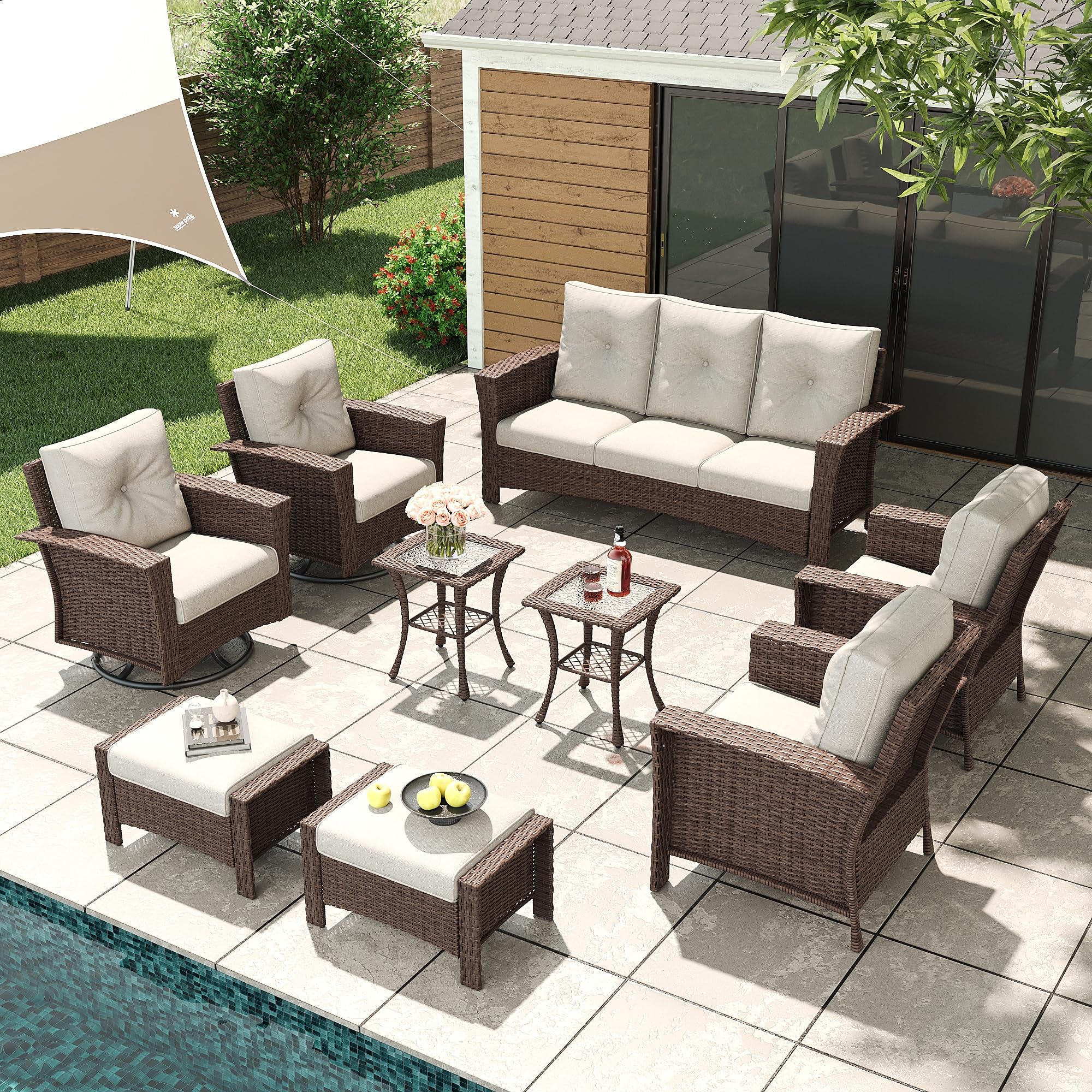 LayinSun 9 Piece Wicker Patio Furniture Set, Classis Outdoor Conversation 360 Degree Swivel Chairs Set with Coffee Table