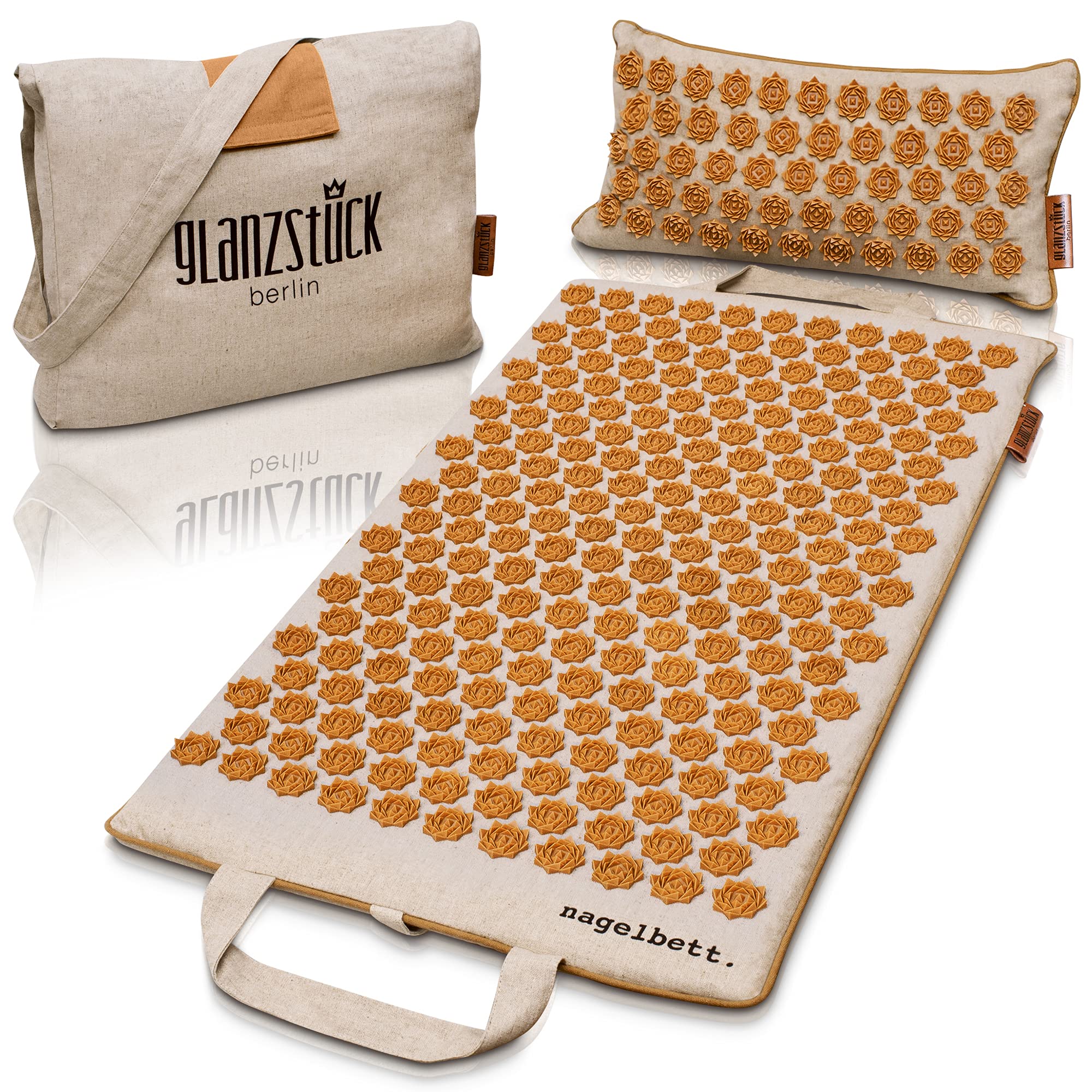 Glanzstück Berlin® Health Collection: Set di tappetini per agopressione XL originale in lino, aiuto in caso di tensioni, mal di schiena, tappetino massaggiante con cuscino (funzione termica) e