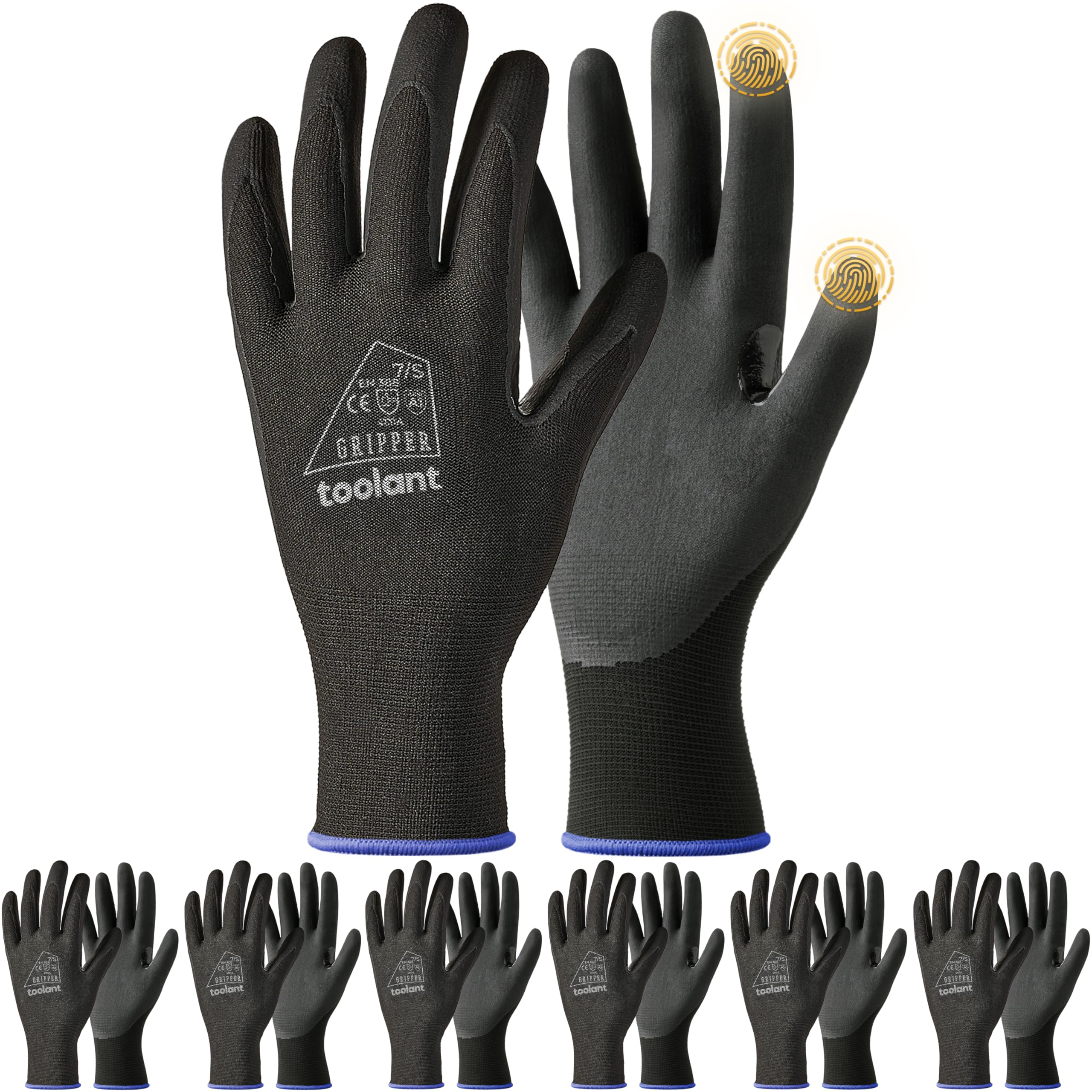 toolant 6 Pairs Work Gloves MicroFoam Nitrile Coated, 15 Gauge Breathable Nylon with Grip in Wet & Oily Condition, Touchscreen, Certified Working Gloves Bulk for Gardening,Warehouse,Automotive,Black,S