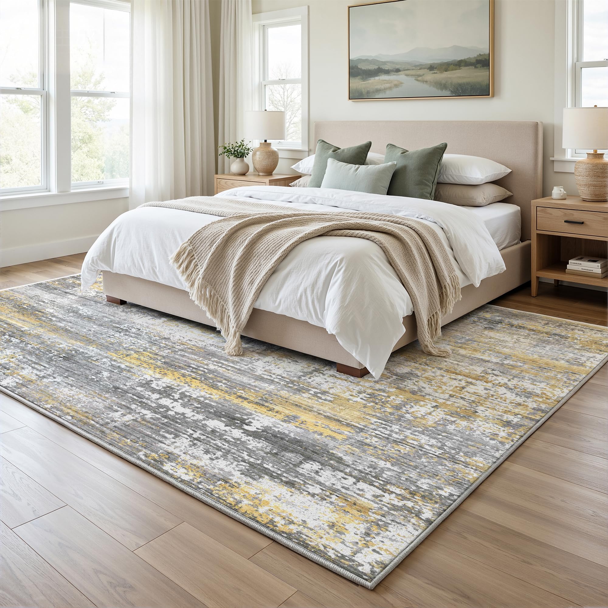 Astratto Tappeto Soggiorno 140x200 cm,0.85cm Pelo corto Tappeto,1200 g/m³ poliestere,lavabile in lavatrice,TPE antiscivolo base,per camera da letto,sala da pranzo,Camera degli ospiti,Grigio&oro
