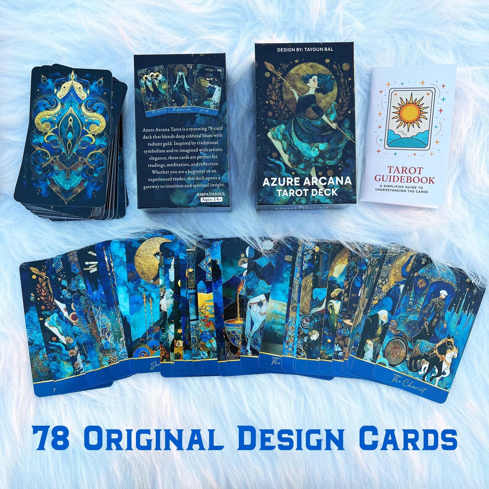 Mazzo di tarocchi Azure Arcana, 78 carte dei tarocchi con guida generale, carte dei tarocchi artistiche blu e oro fantasy per principianti, strumento di divinazione per la lettura della stregoneria