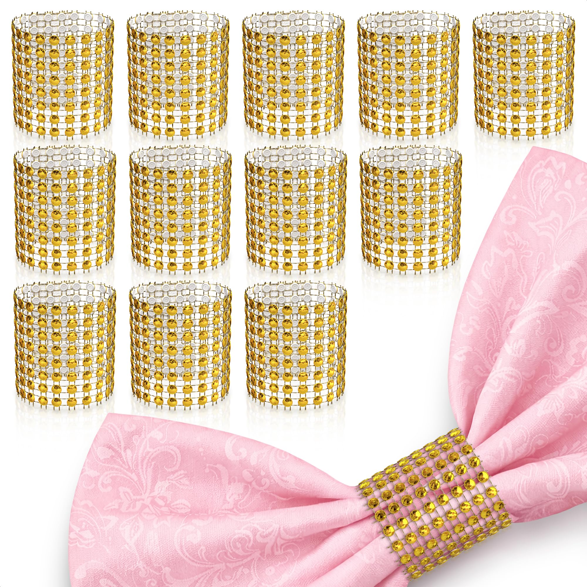 Gold Napkin Rings Bulk Set of 100, Rhinestone Holders for Weddings