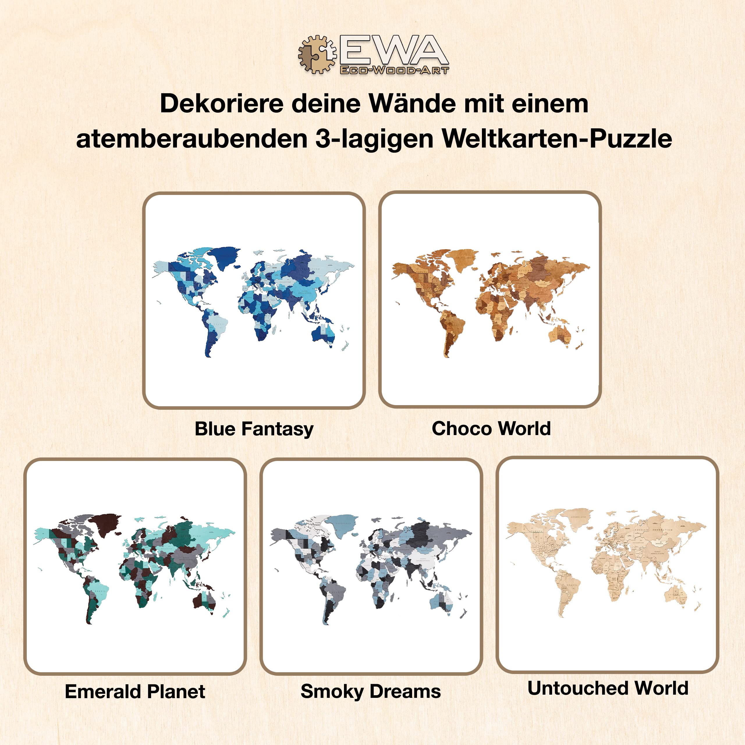 EWA Eco-Wood-Art Weltkarte Kinderzimmer – DIY 3-lagiges Puzzle Wanddekoration Schlafzimmer – Holz für Erwachsene & Jugendliche ab 14 Jahren – Medium, 126 Teile – Choco World