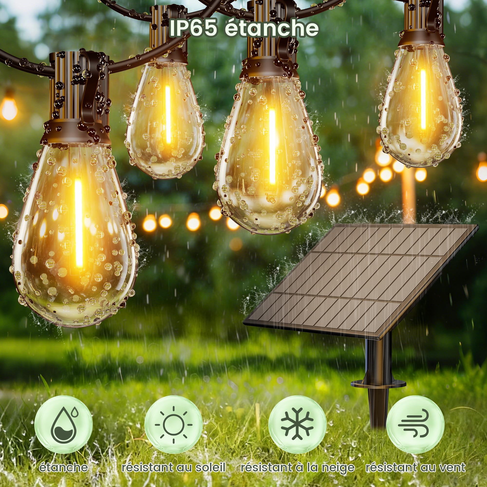 OHLUX Guirlande lumineuse solaire d'extérieur de 45,7 m avec télécommande, 62 ampoules LED S11 à intensité variable, étanchéité IP65, incassable, 2200 K, lampe suspendue E12 pour terrasse