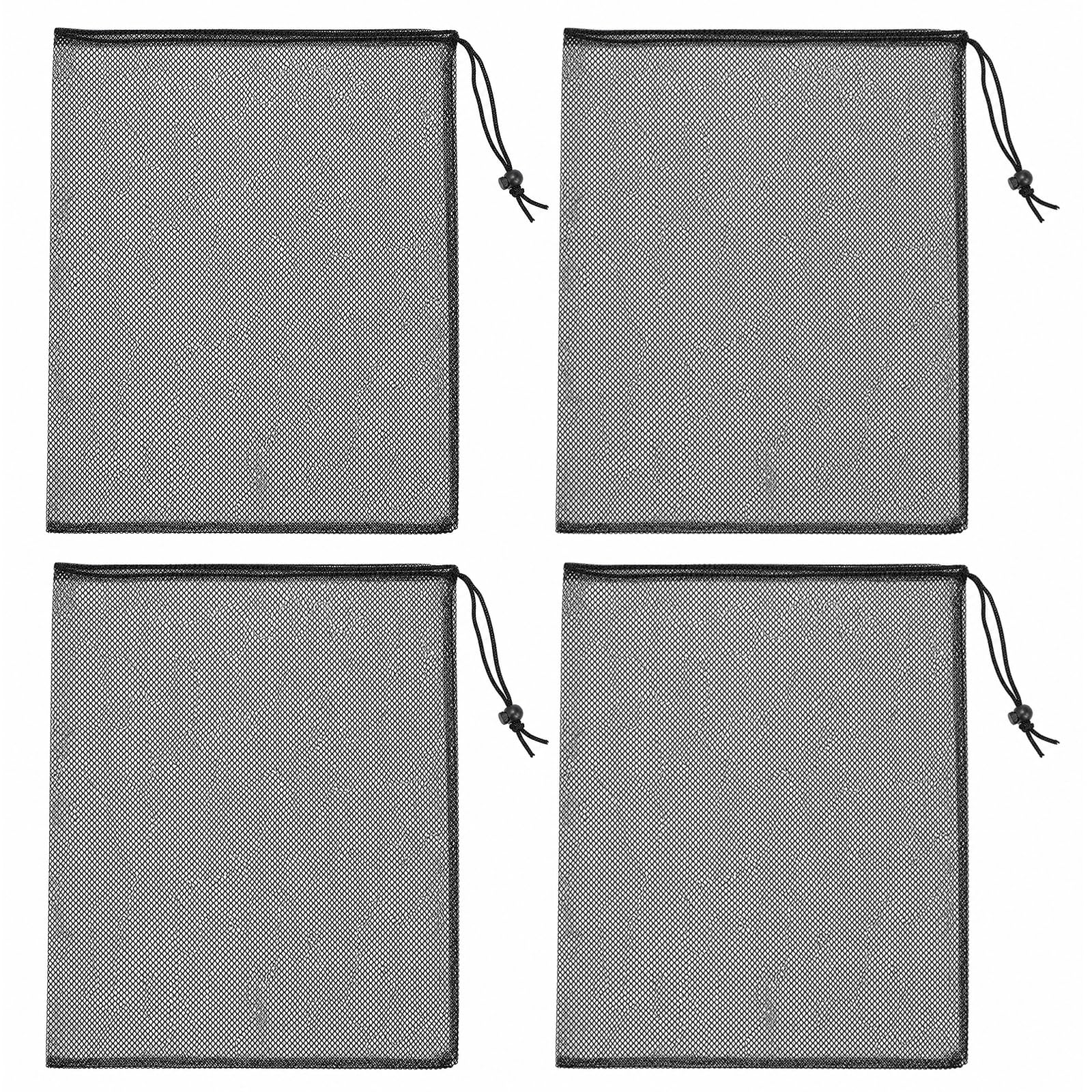 Large Mesh Drawstring Bags 4 Pcs, 35x40cm Black Nylon Net Bag for Beach, Swimming, Pool and Sports, Heavy Duty String Bag for Sand Toys, Gym, Travel and Laundry Storage
