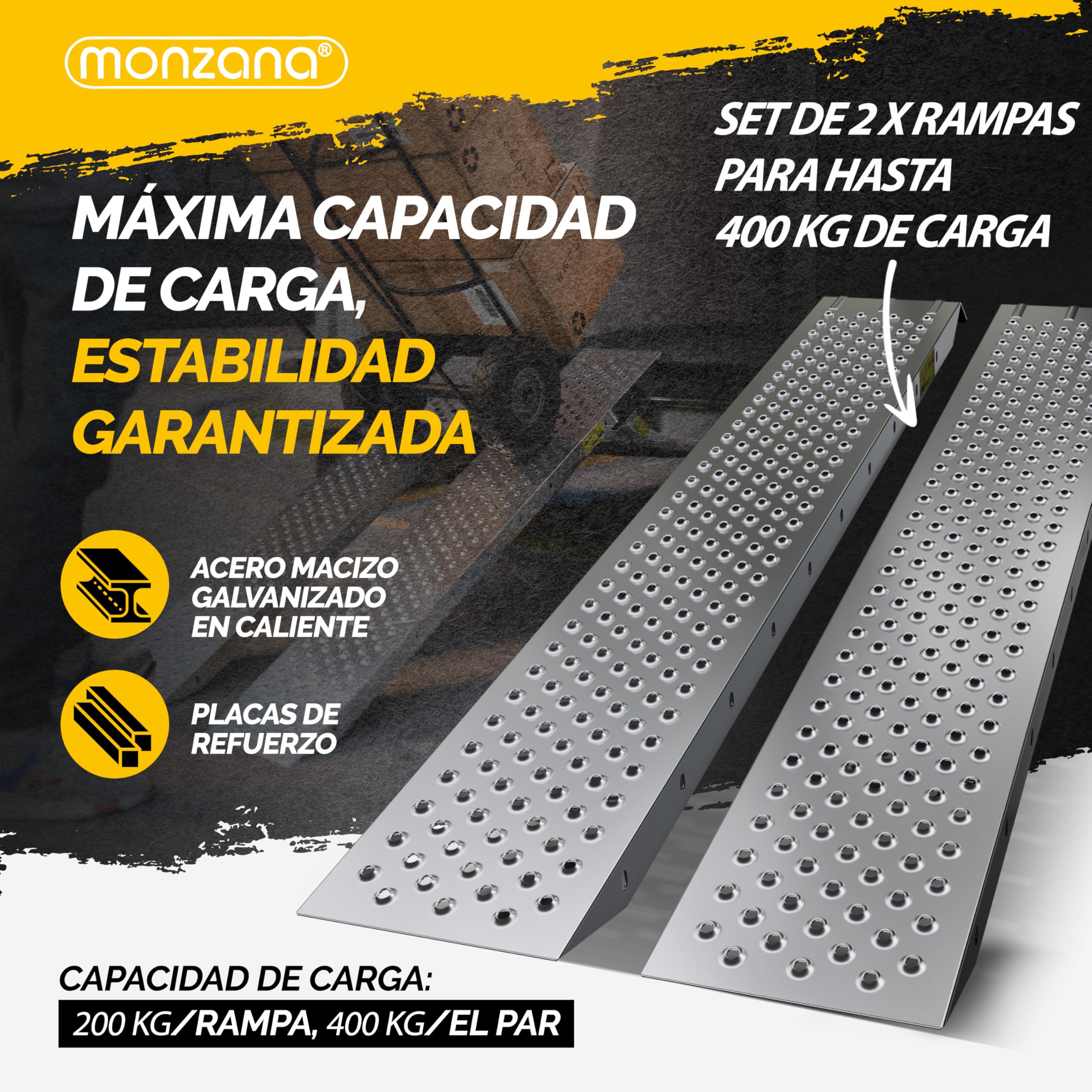 MONZANA® 2X Rampas para Coches Plegables 160cm Acero Galvanizado Carga Total 400kg Vehículos Motos Ciclomotores Rieles Antideslizante Asas Sillas de Ruedas Remolque Furgoneta Quads Riel Carretillas