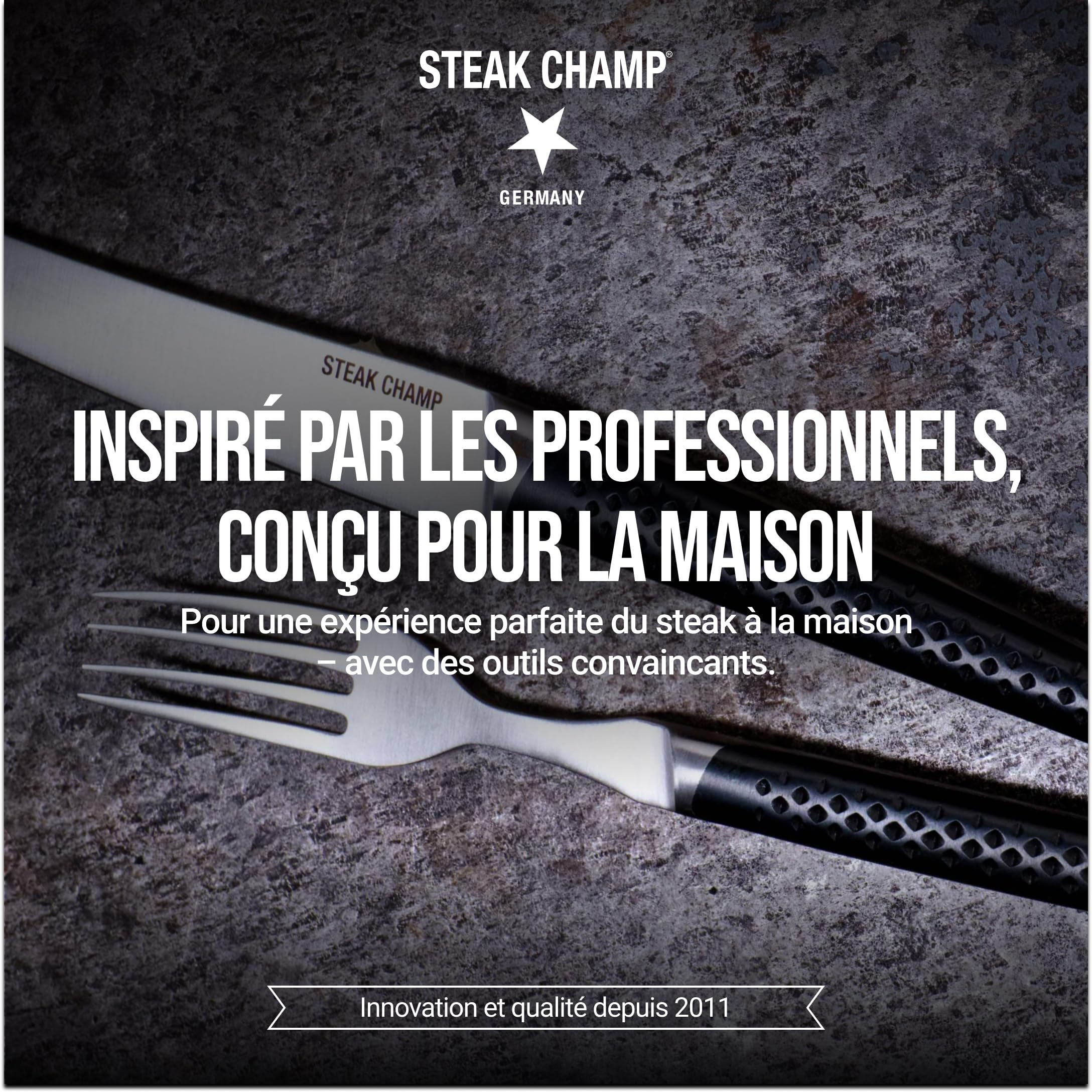 Steak Champ Set de Couverts Prime Rib: 2 couteaux & 2 fourchettes à steak en acier, poignées antidérapantes, design élégant, lame de 12,5 cm, idéal pour filet & ribeye, inclus boîte cadeau, 4 pièces