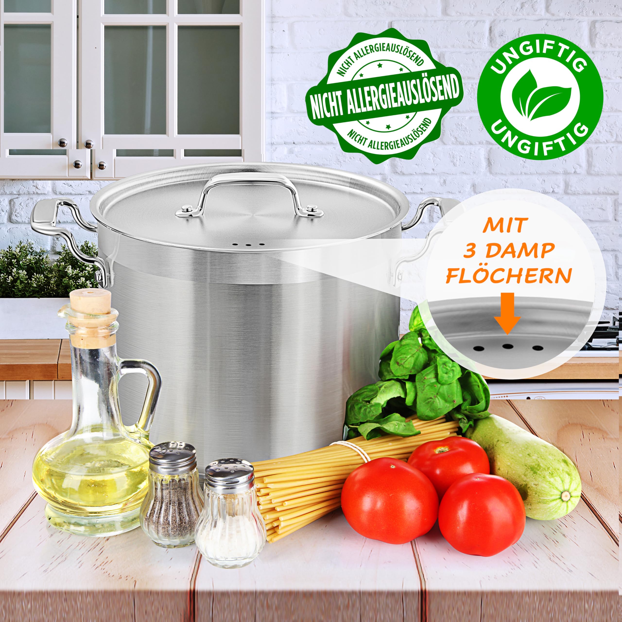 NutriChef Edelstahl Kochtopf 13,2L Induktion – Suppentopf mit Deckel, Profiqualität für Gastronomie & Meal Prep Hitzebeständig bis 260 °C, Spülmaschinenfest, Ideal für Vorratsküche & Events | 18/8 Induktionskompatibel, spülmaschinenfest, genietete Griffe,