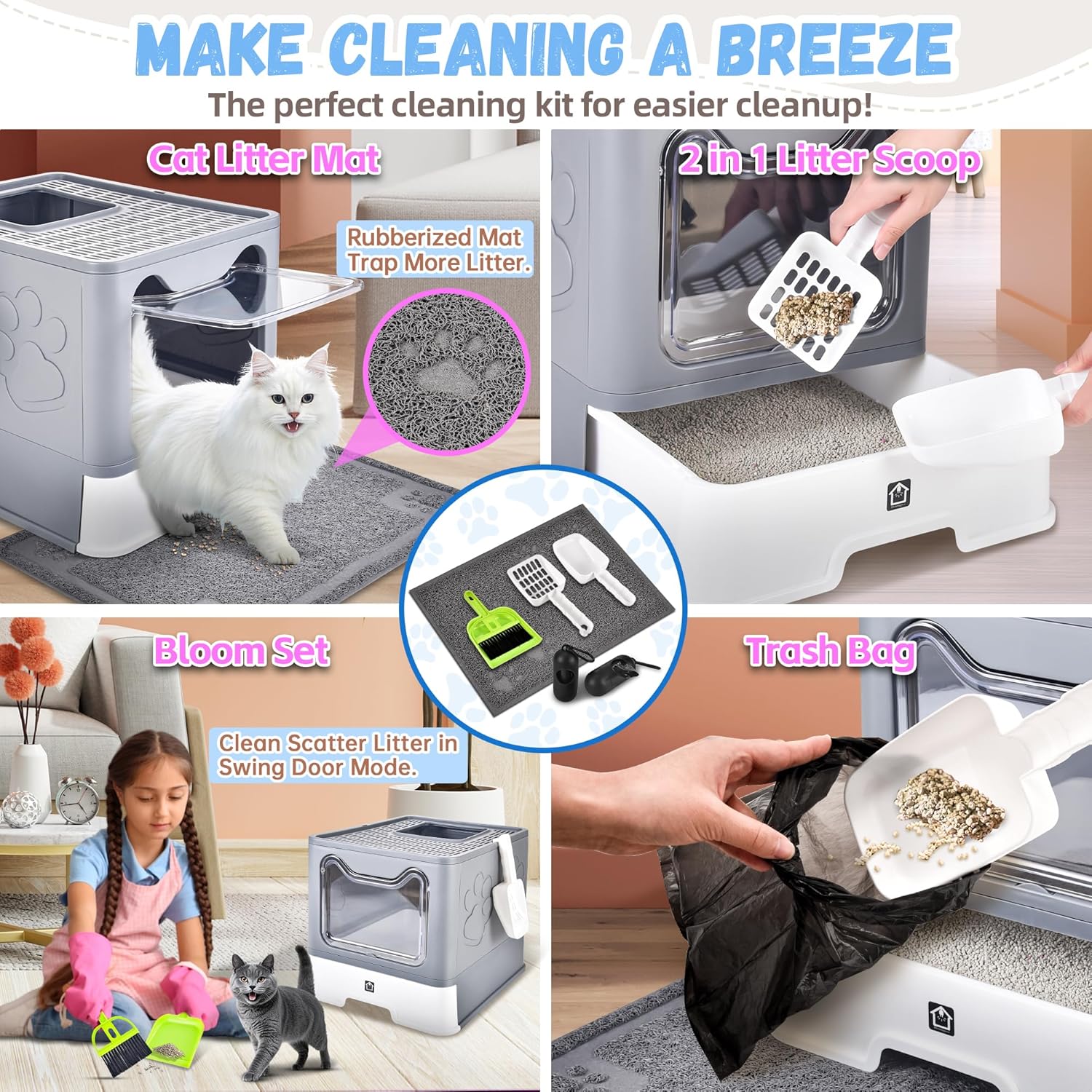 Enclosed Cat Litter Box with Lid Foldable Potty,Drawer Type Extra Large Cover Litter Box with Mat, Kitty Free in and Out/One-Way,Odor Control Anti-Splashing Easy Cleaning (Medium Grey)