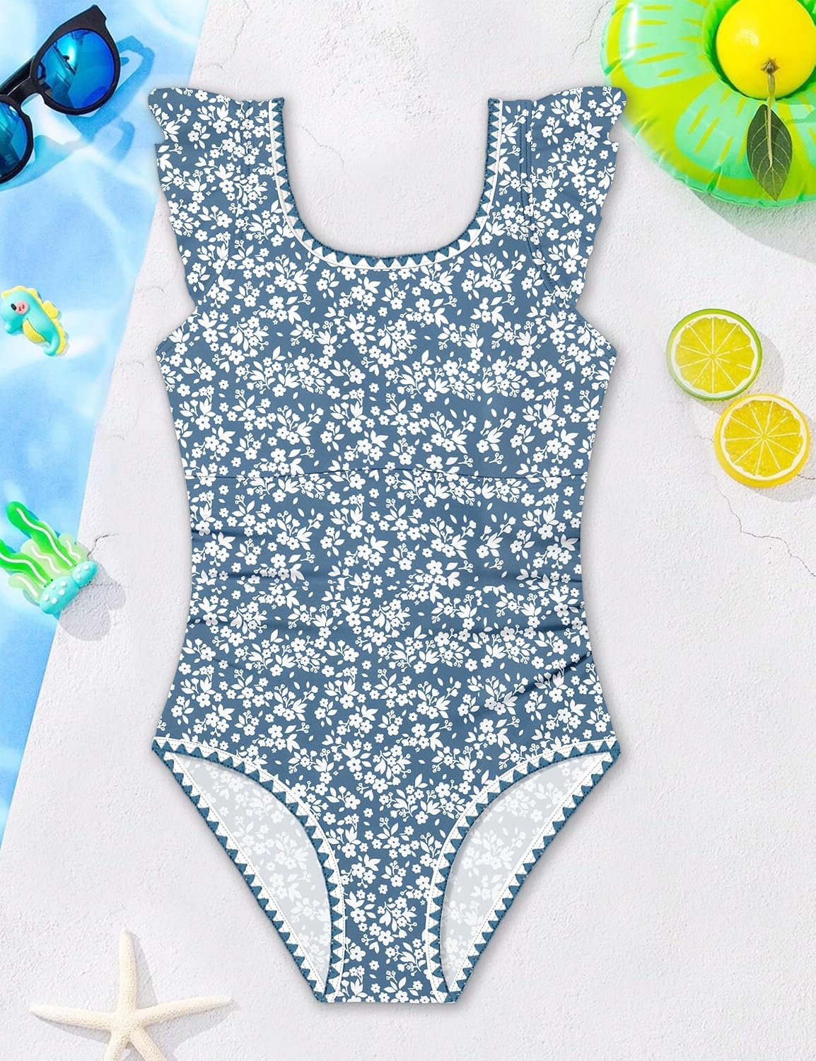 Girls Swimsuit Ruffled Square Neck Color Contrast Trim One Piece Bathing Suit Geometric Girls'Swimwear 9-16Y - Image 5